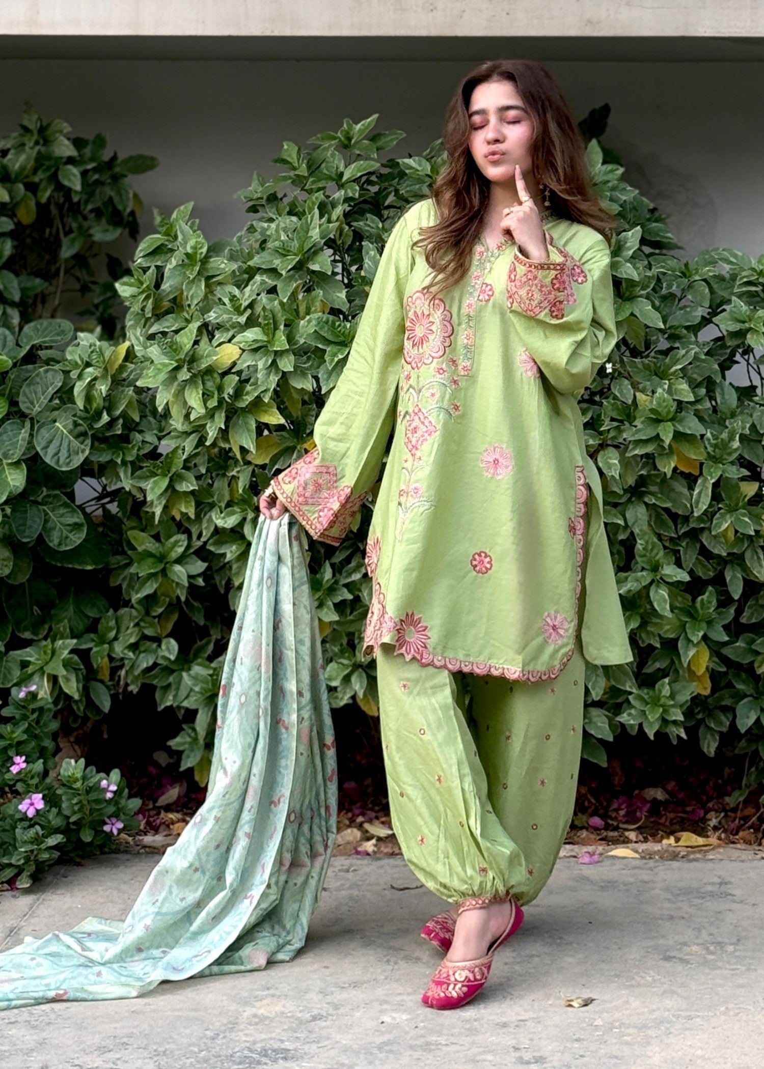 lawn Kurta Set in Lime green