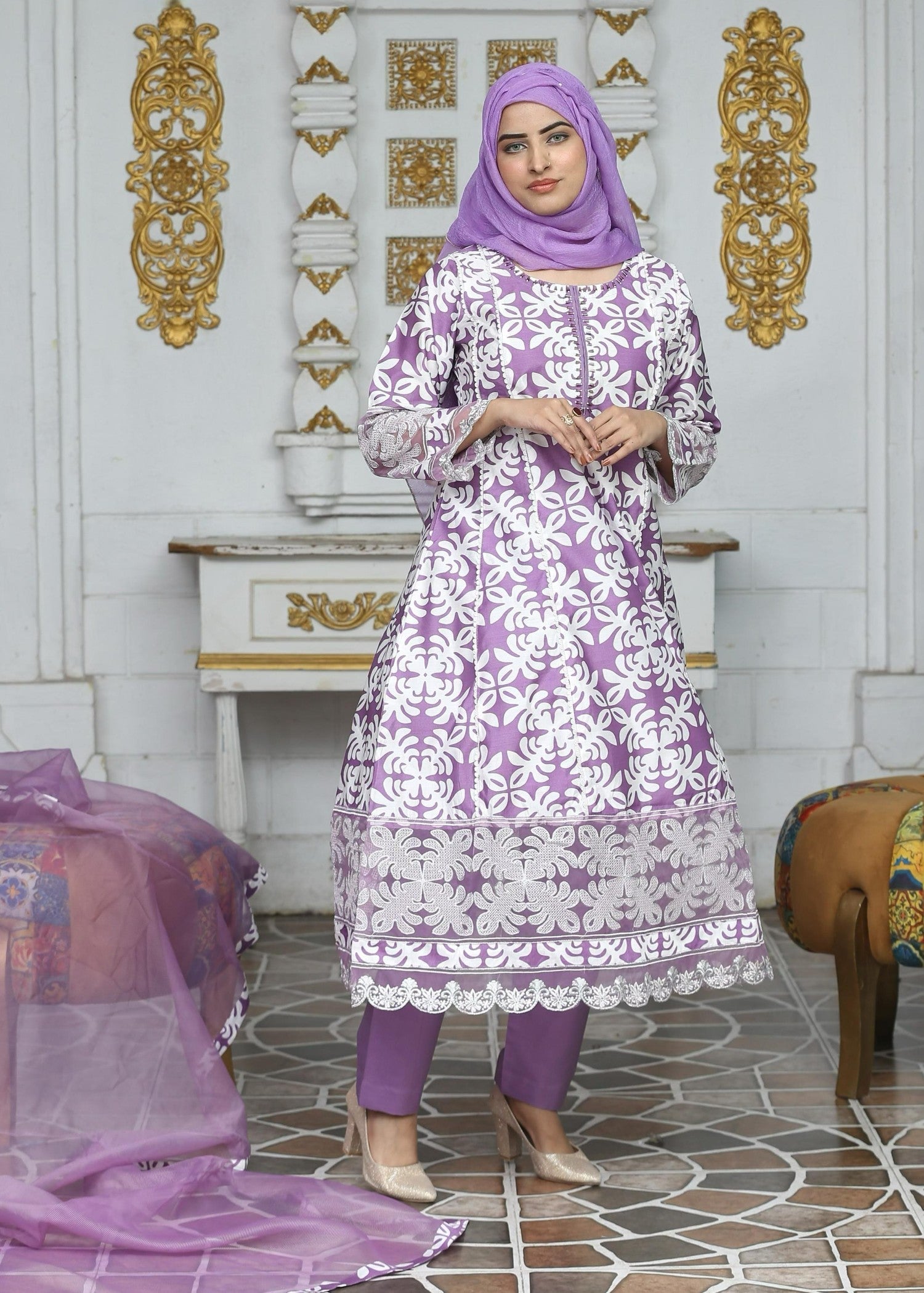 khaddi net Pishwas in Lilac
