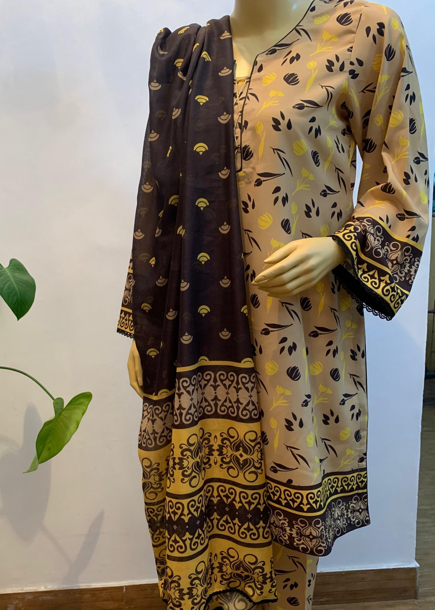 silk finish lawn Unstitched in Black, gold, mustard