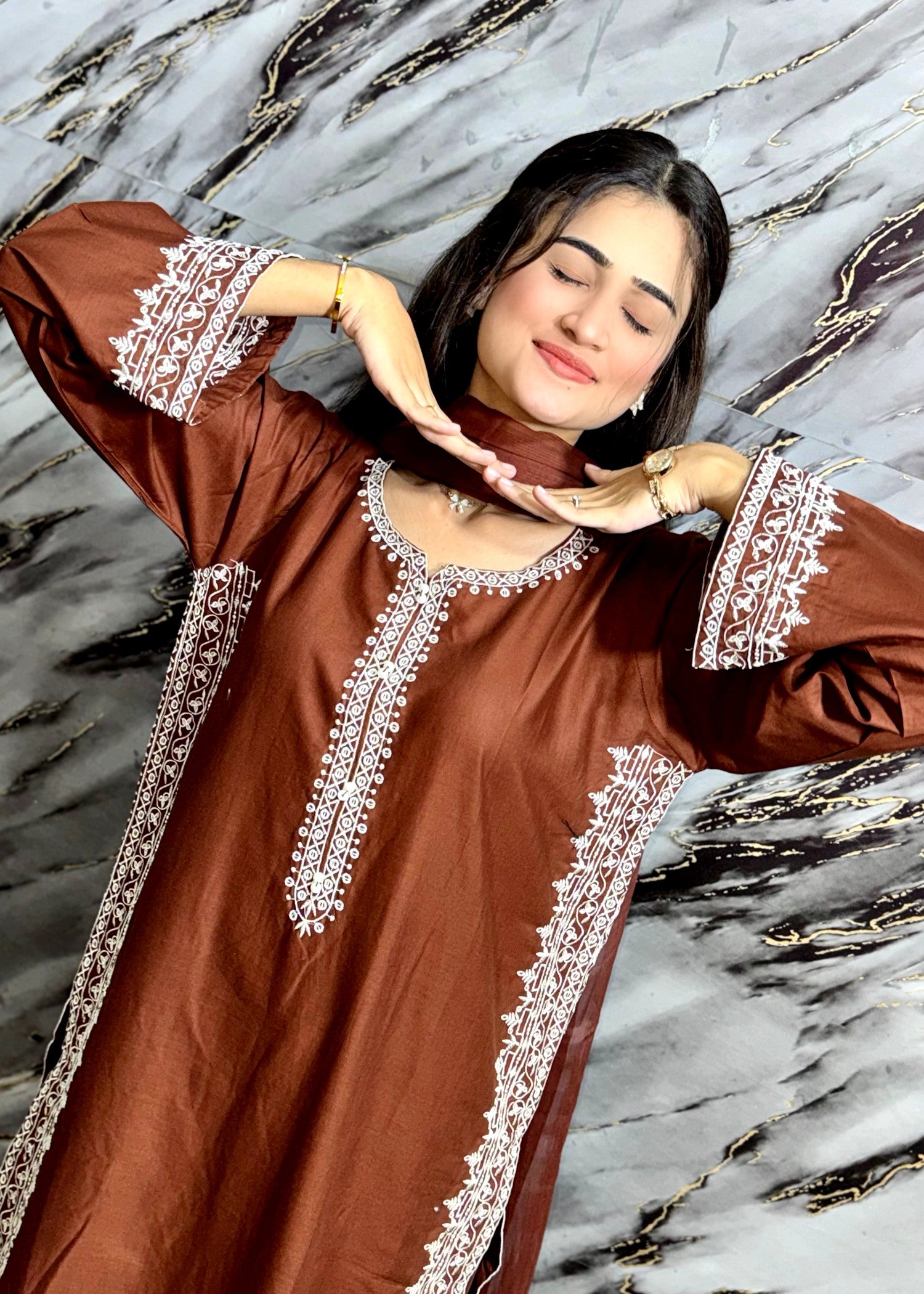 lawn Kurta Set in Bronze orange