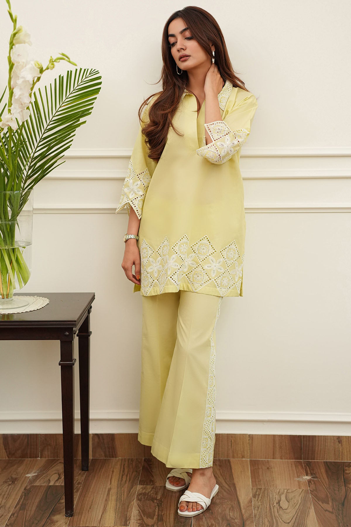 cambric Kurta Set in Light yellow