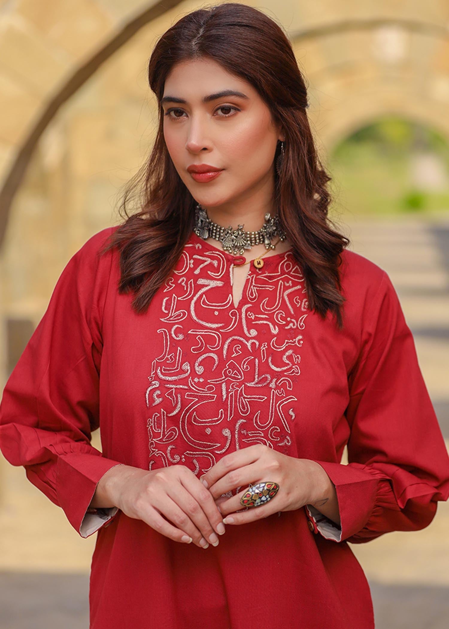 slub cambric Kurta Set in Maroon