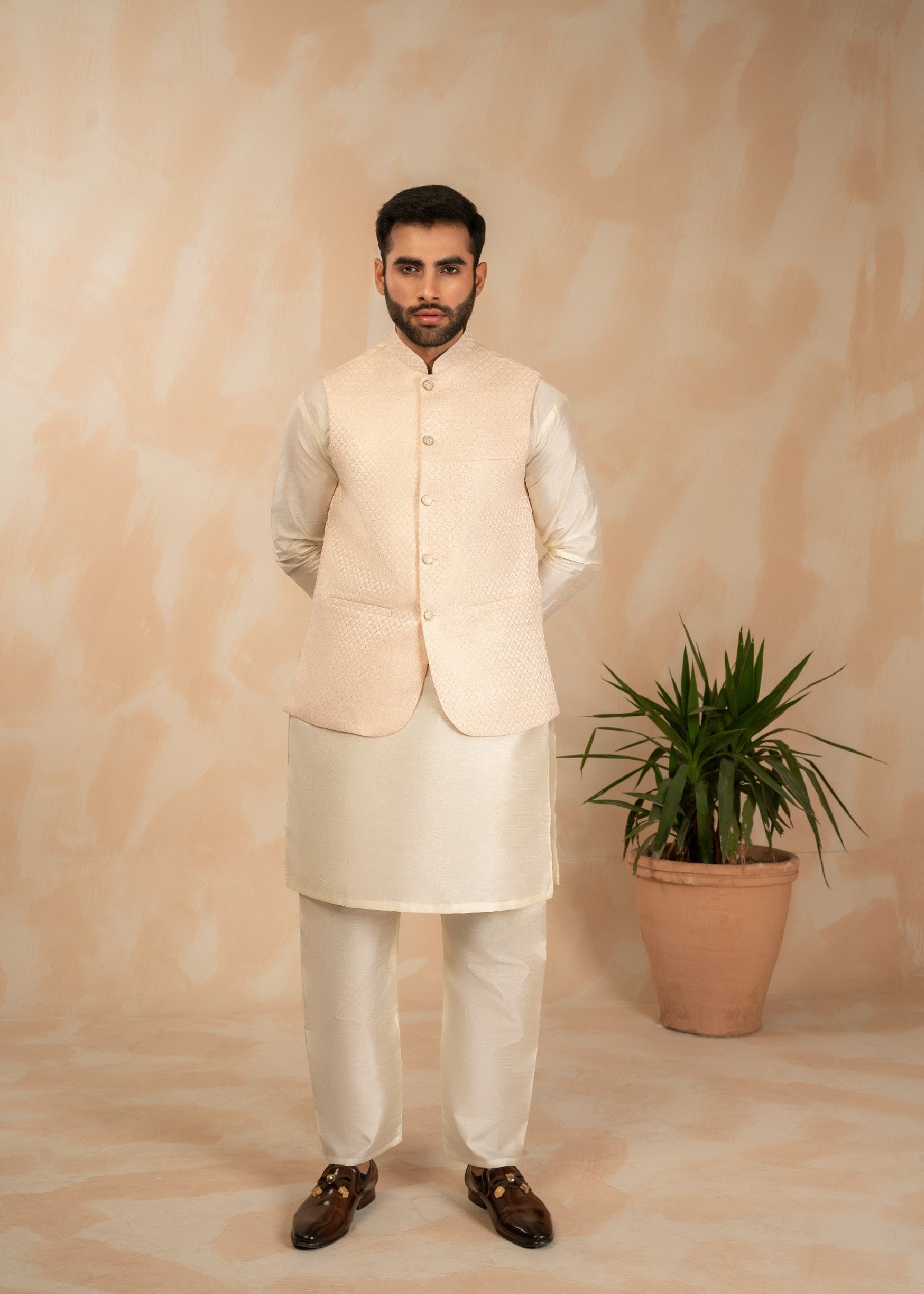 jamawar Waistcoat in Ivory