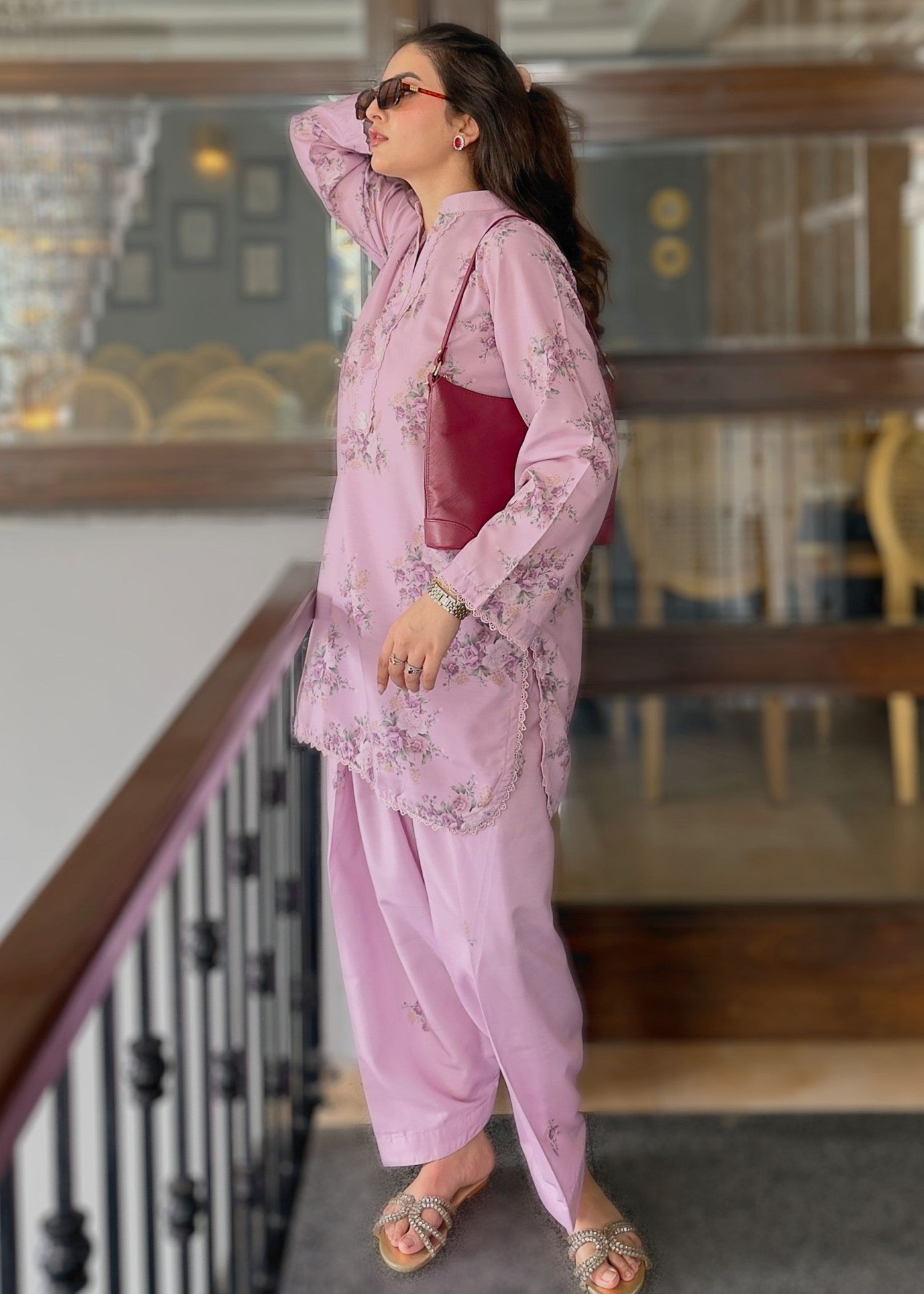 silk finish lawn Kurta Set in Mauve pink