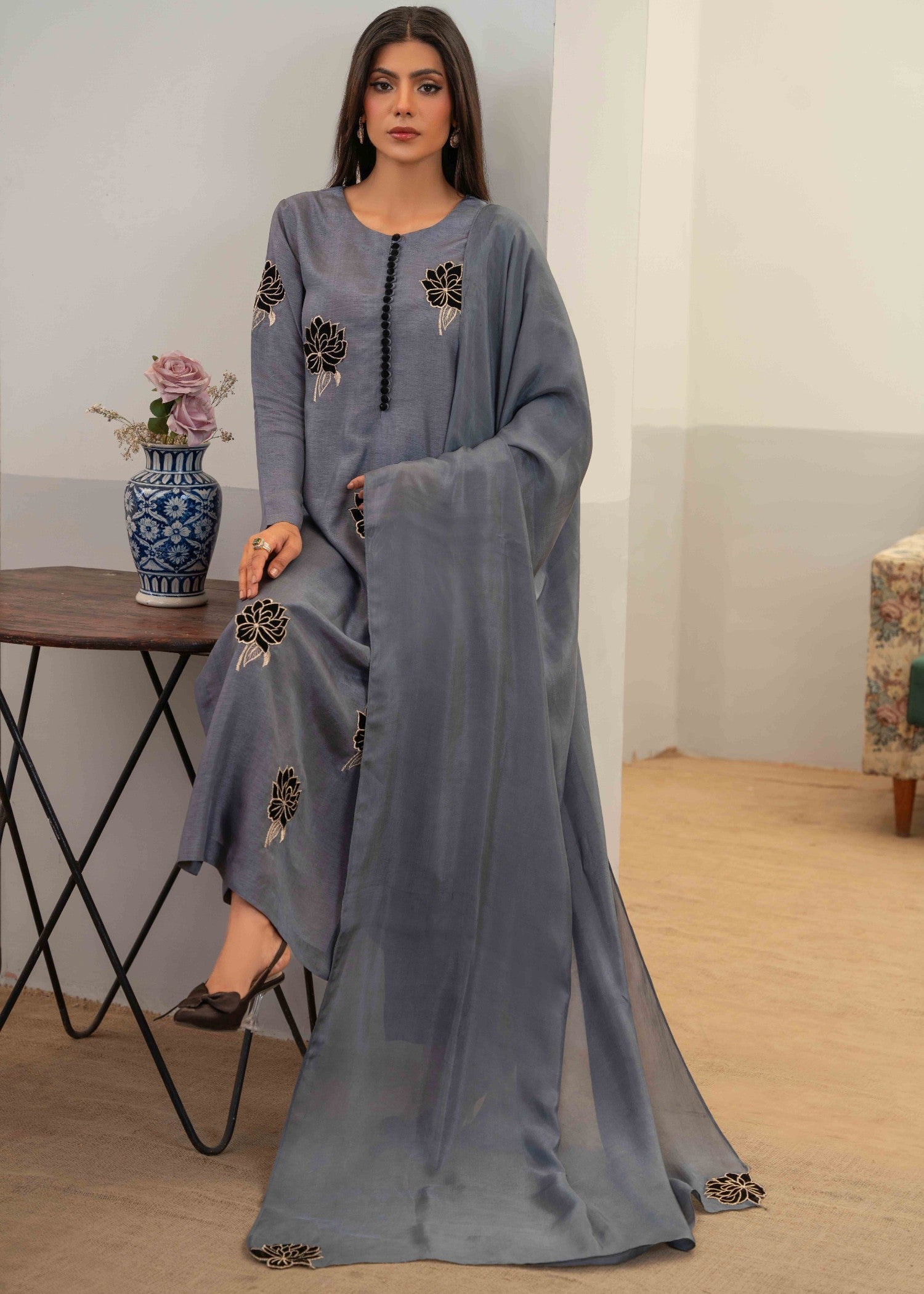 silk Kurta Set in Steal grey