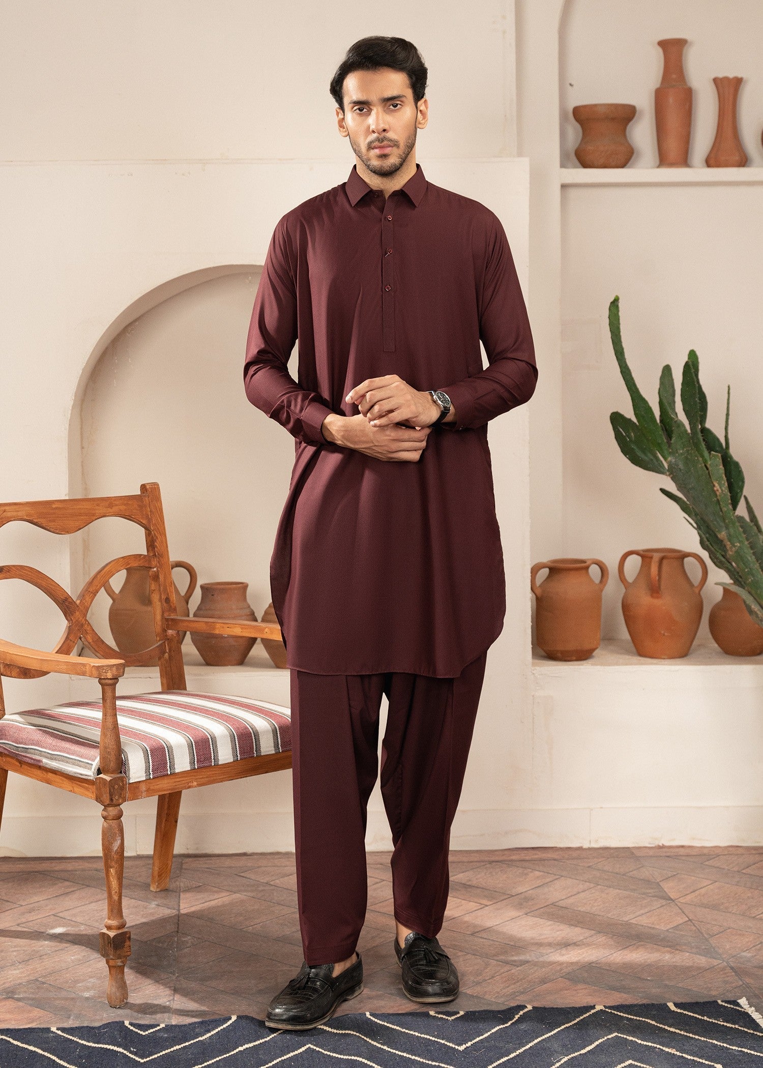 wash & wear Shalwar Kameez in Maroon by Buraq