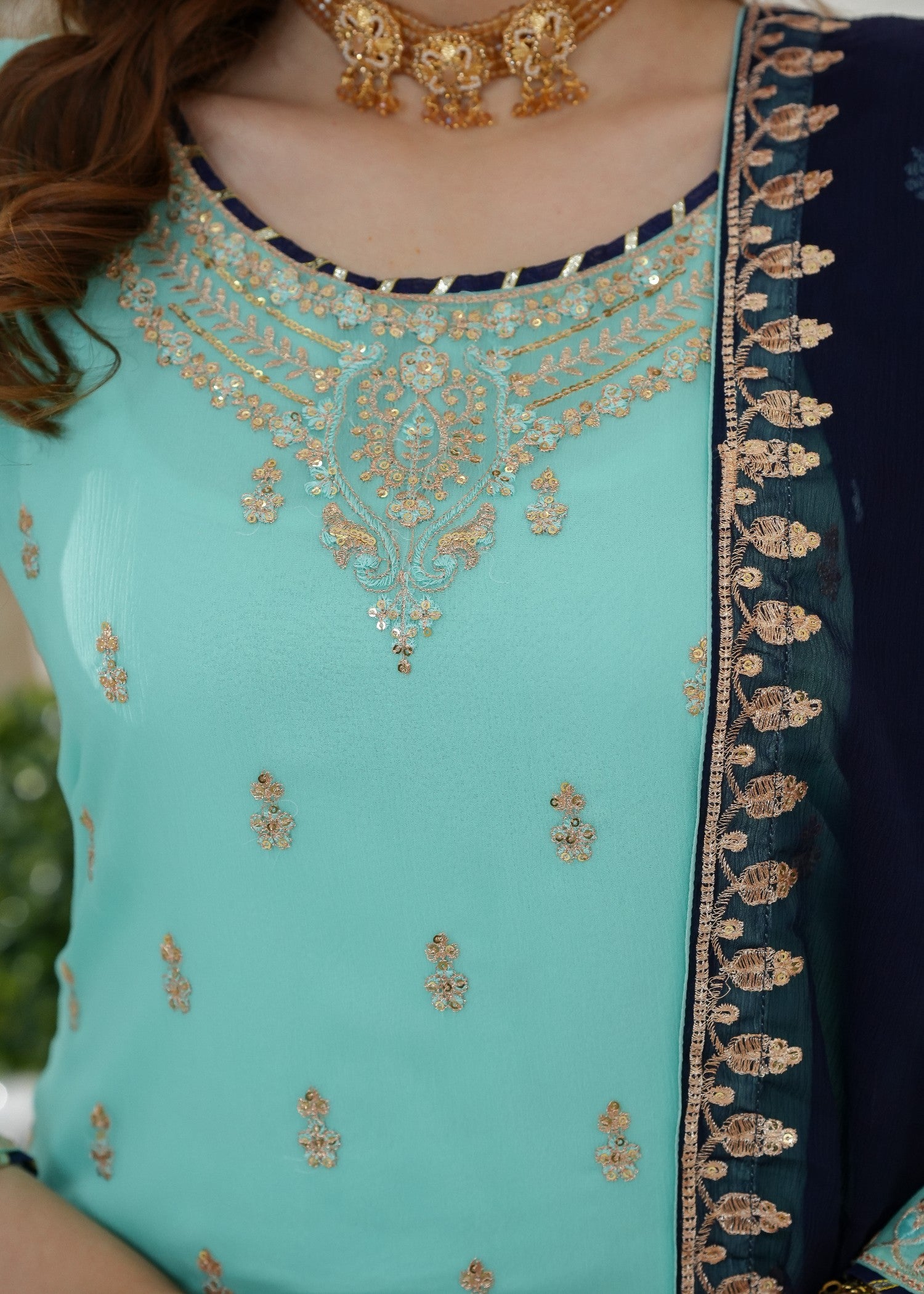 chiffon Kurta Set in Aquamarine, navy blue