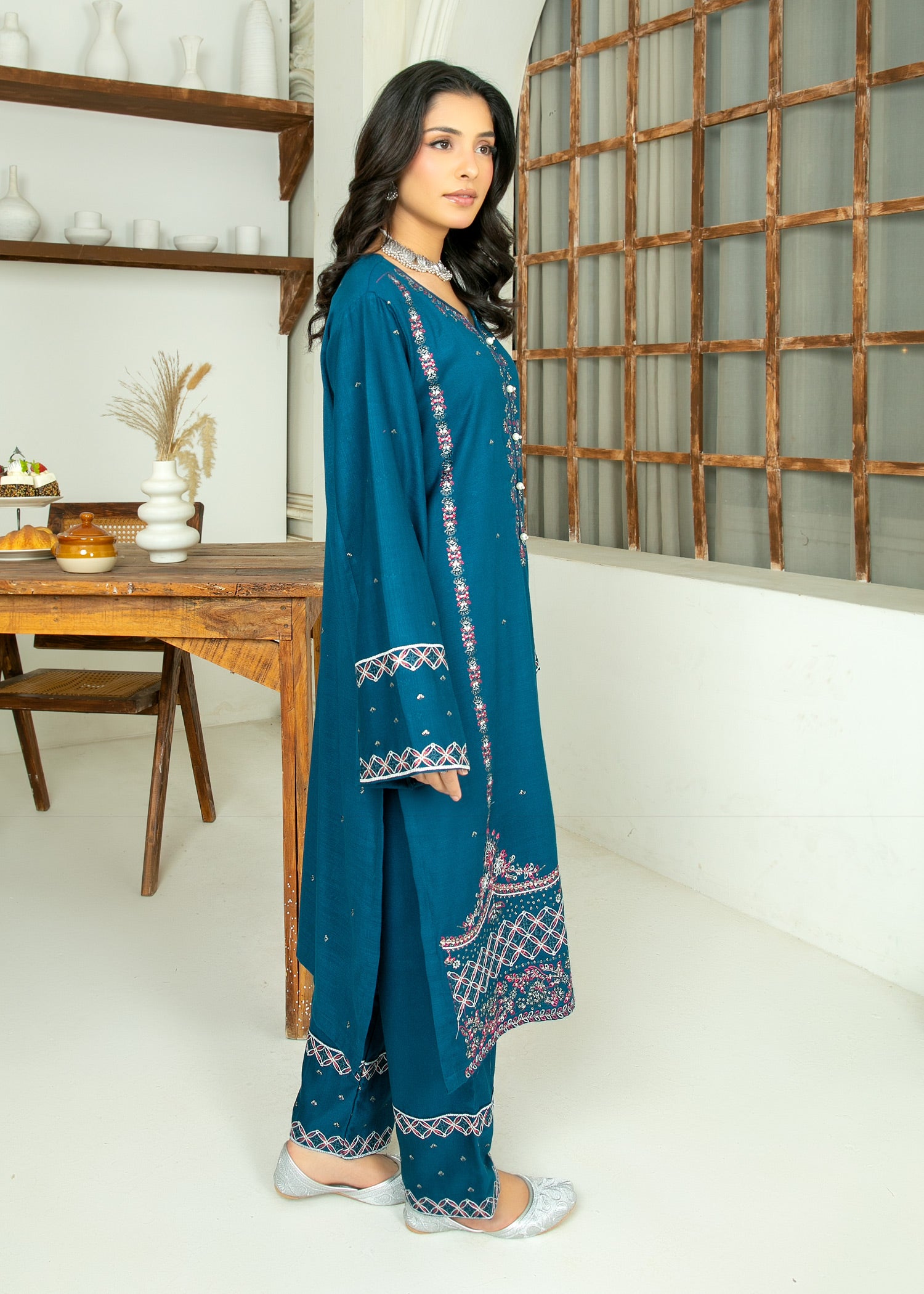 peach wool Kurta Set in Teal