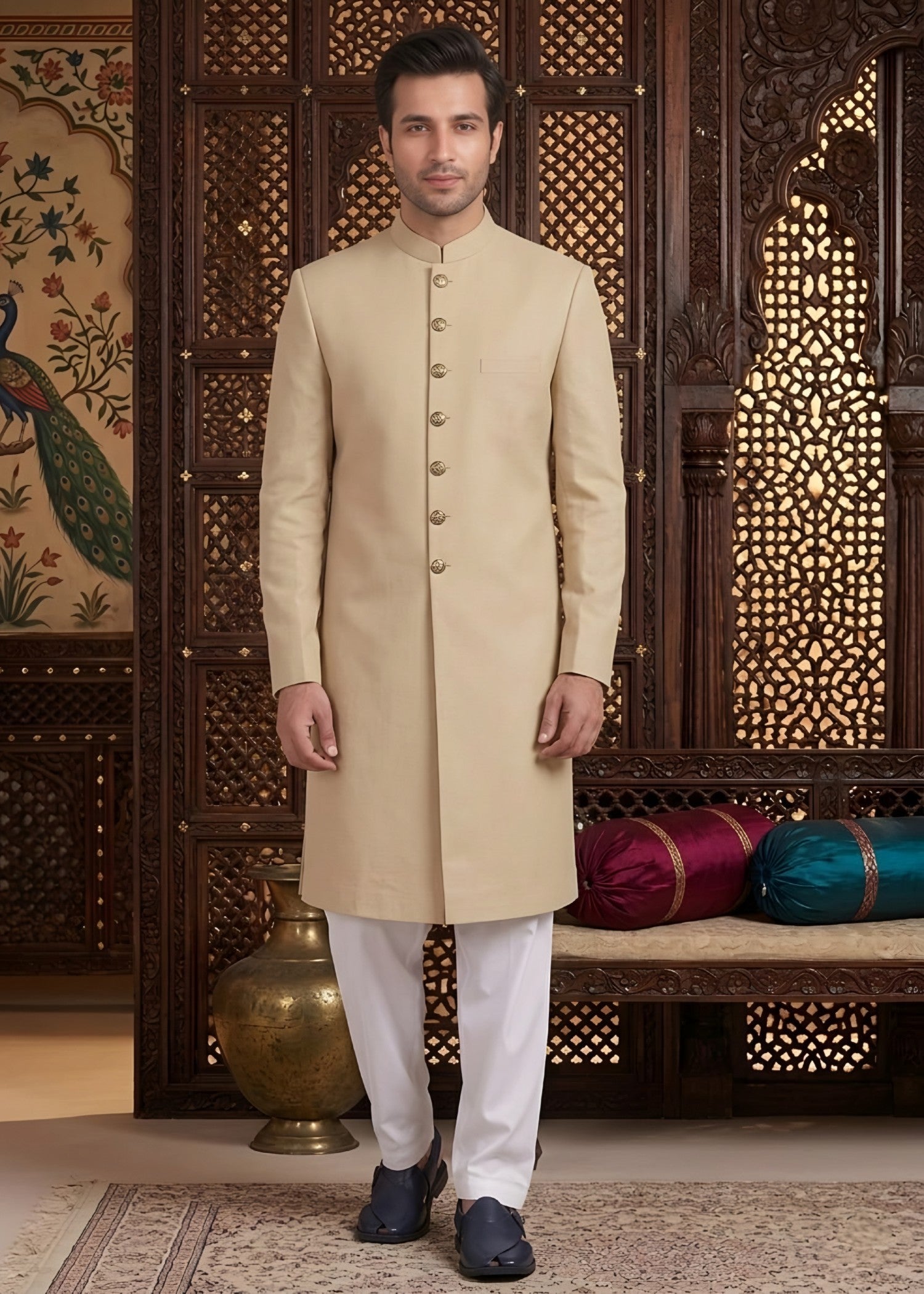 tropical Sherwani in Beige