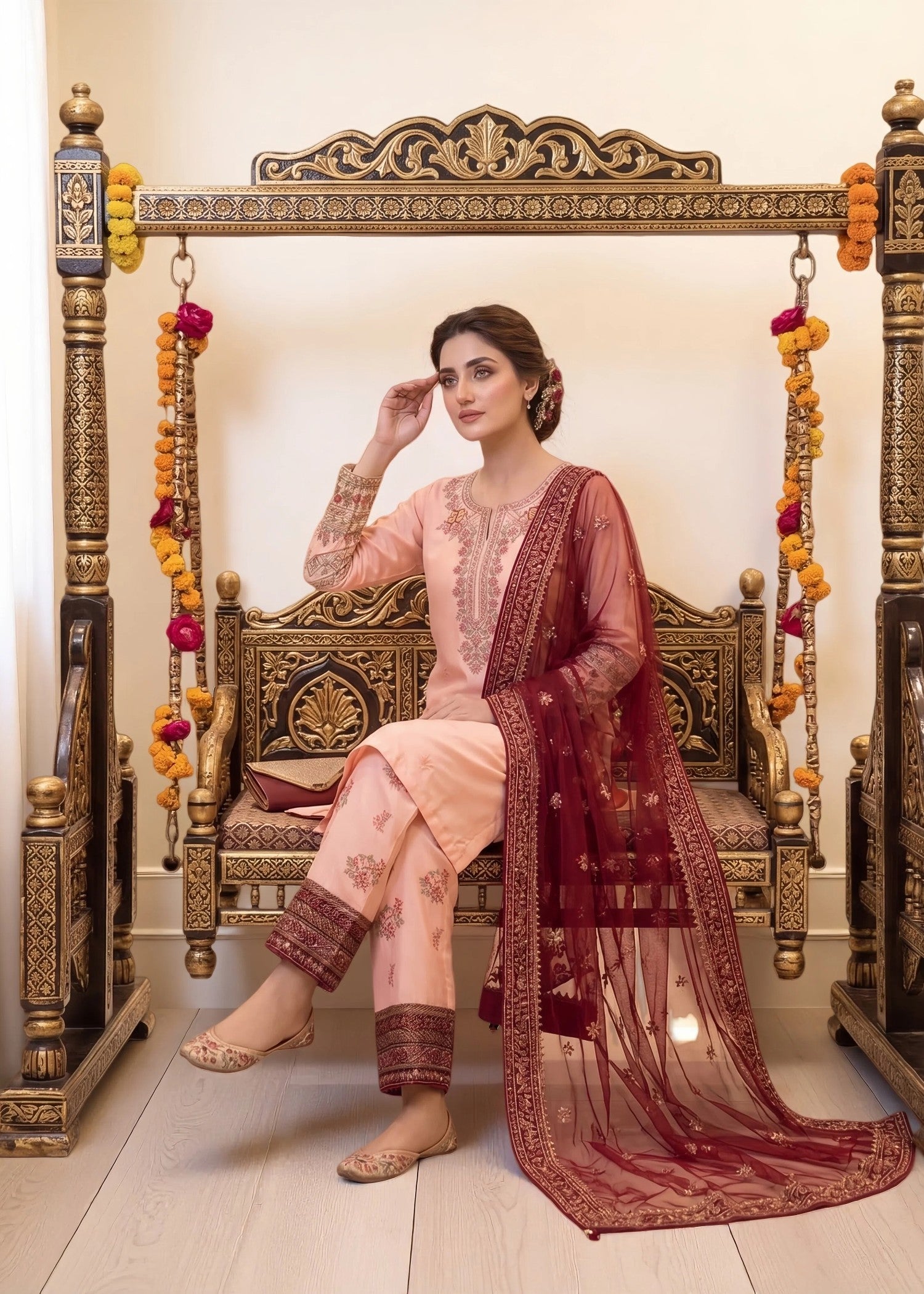 lurex grip Kurta Set in Peach pink