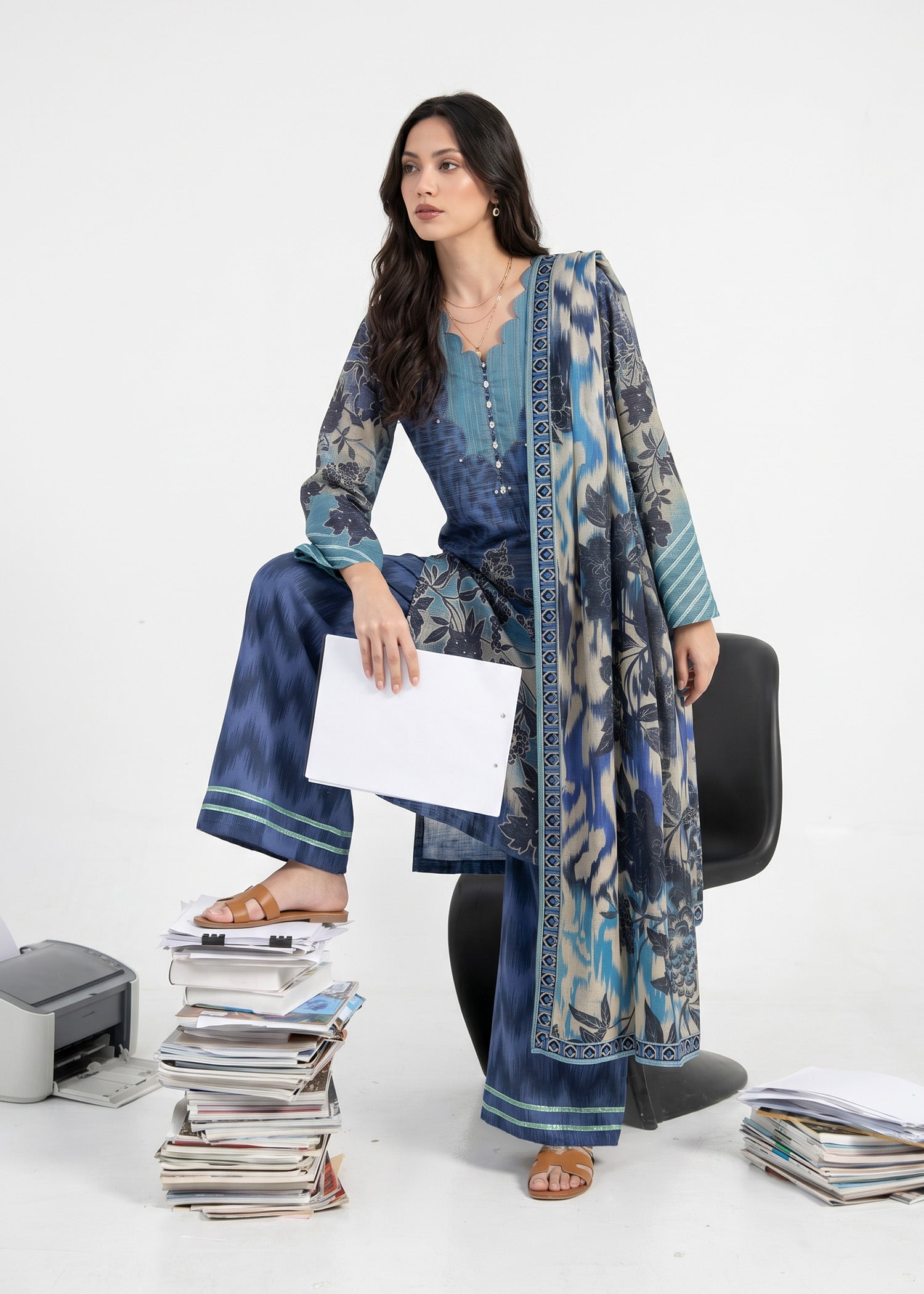 zari tissue Kurta Set in Blue