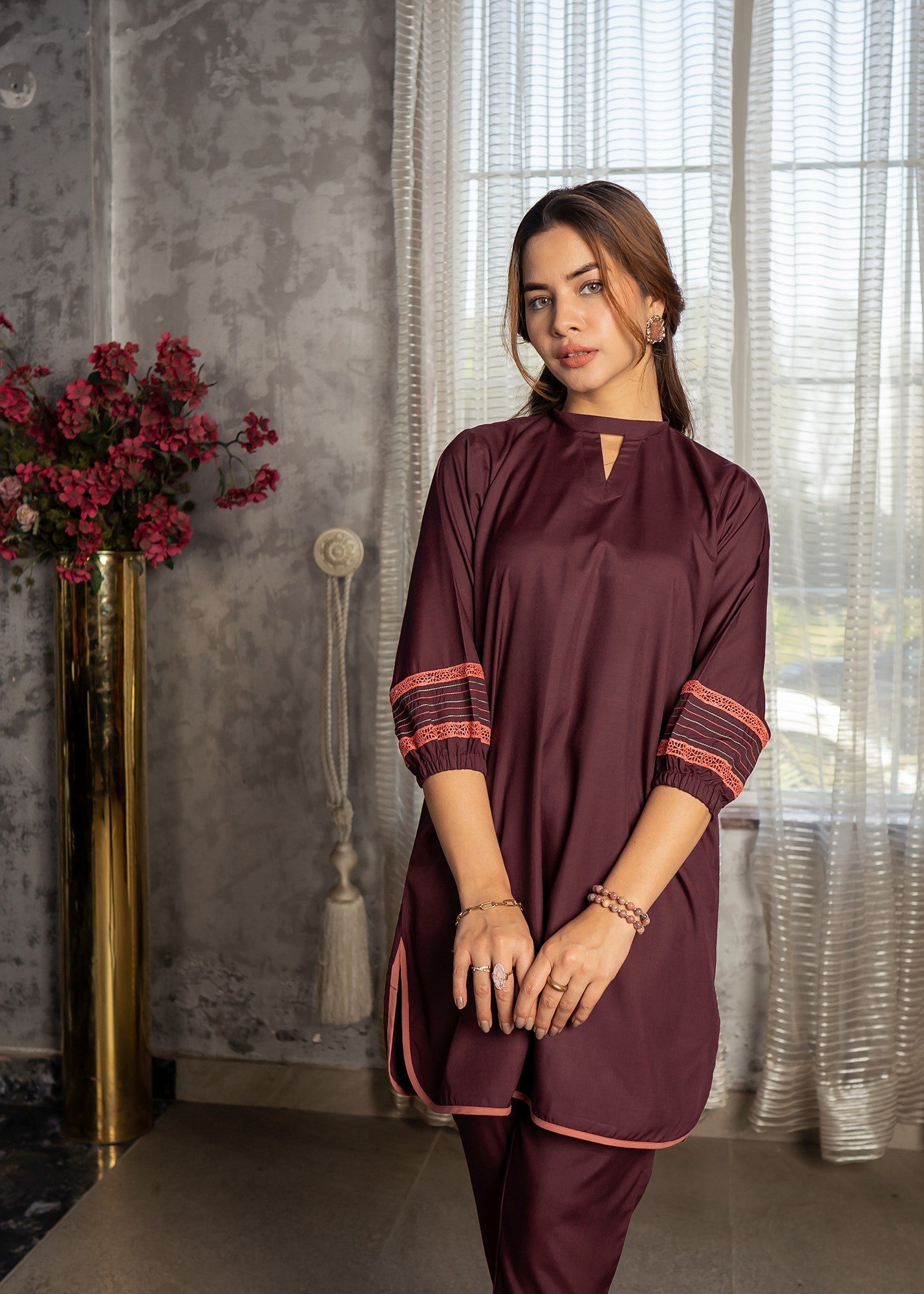 blended satin Co Ord Sets in Burgundy