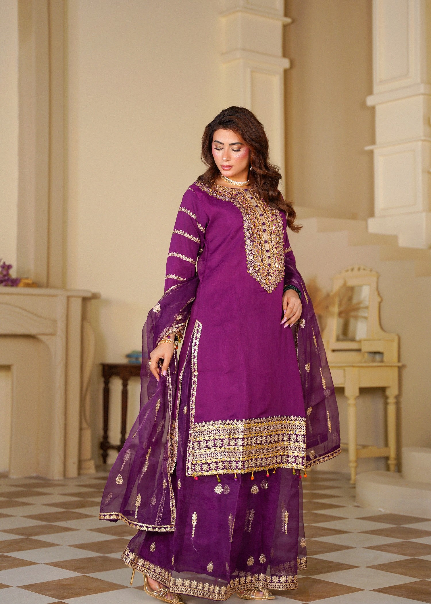 chiffon Sharara in Purple, gold