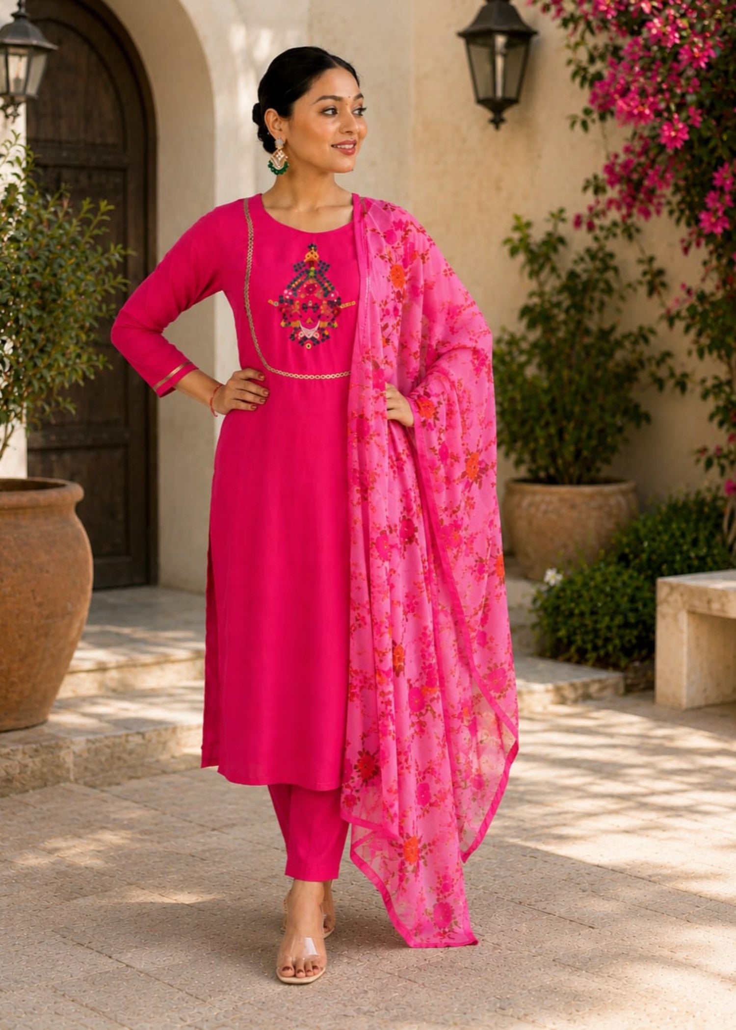 linen Kurta Set in Hot pink