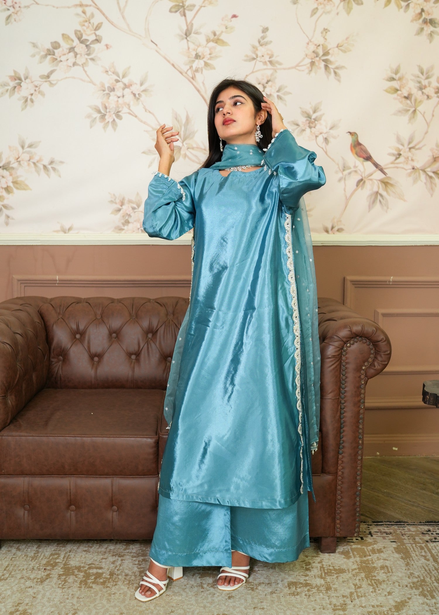 silk Kurta Set in Ocean blue