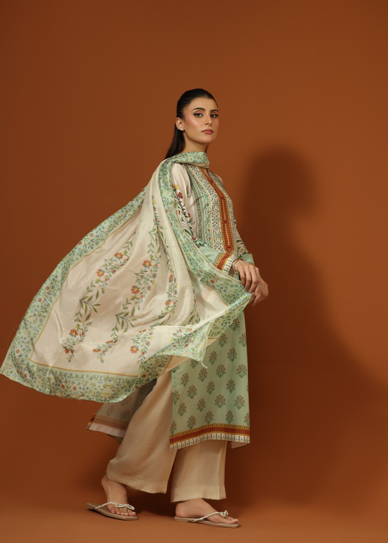 crepe silk Kurta Set in Olive green, mint green