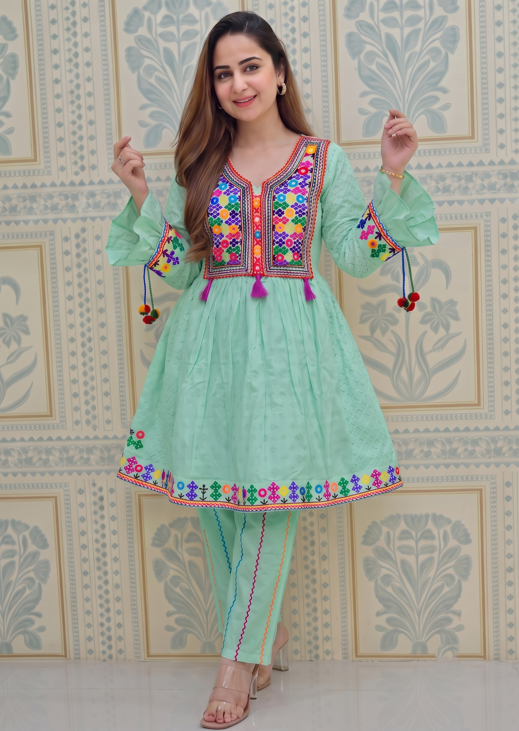 lawn cotton Short Frock in Mint green
