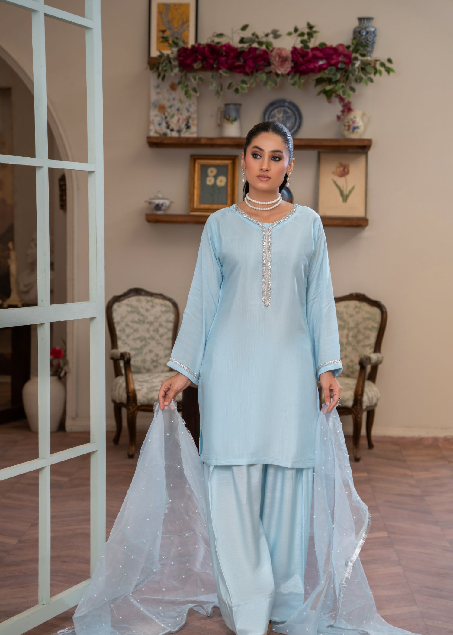 viscose thai silk Kurta Set in Ice blue