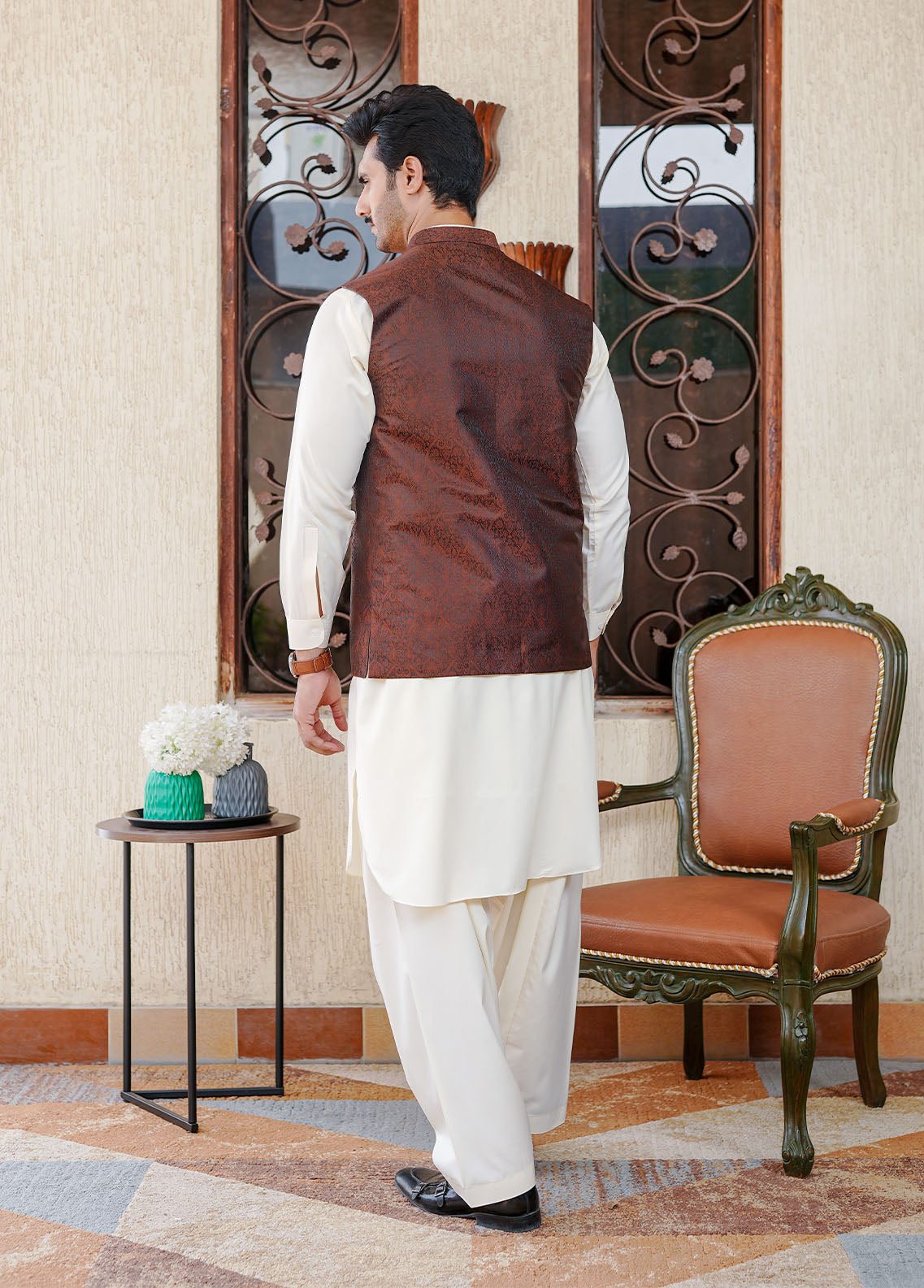 banarasi jamawar Waistcoat in Chestnut brown