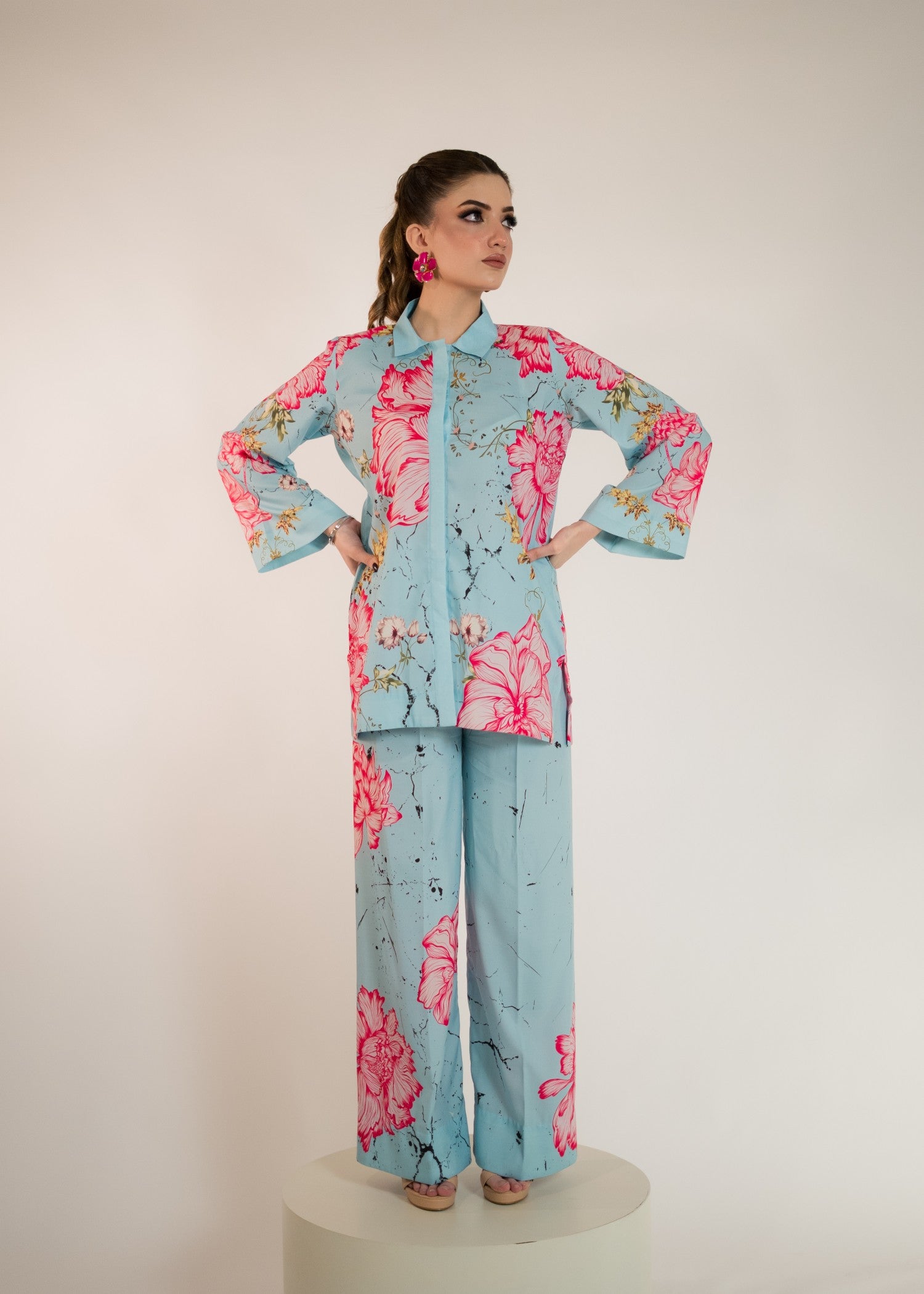 crepe silk Co ord Sets in Deep pink, light blue, blue lagoon