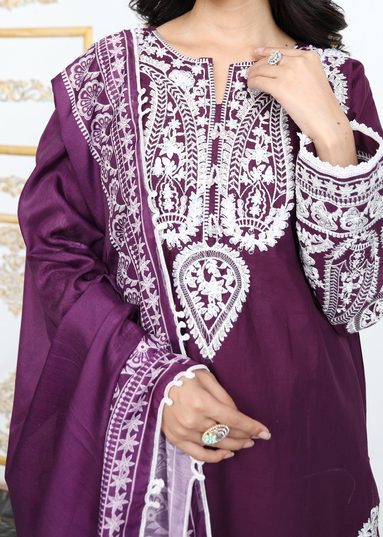 lawn cotton Kurta Set in Plum