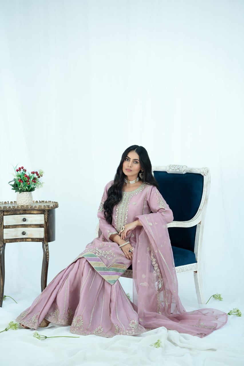 organza Gharara in Pink