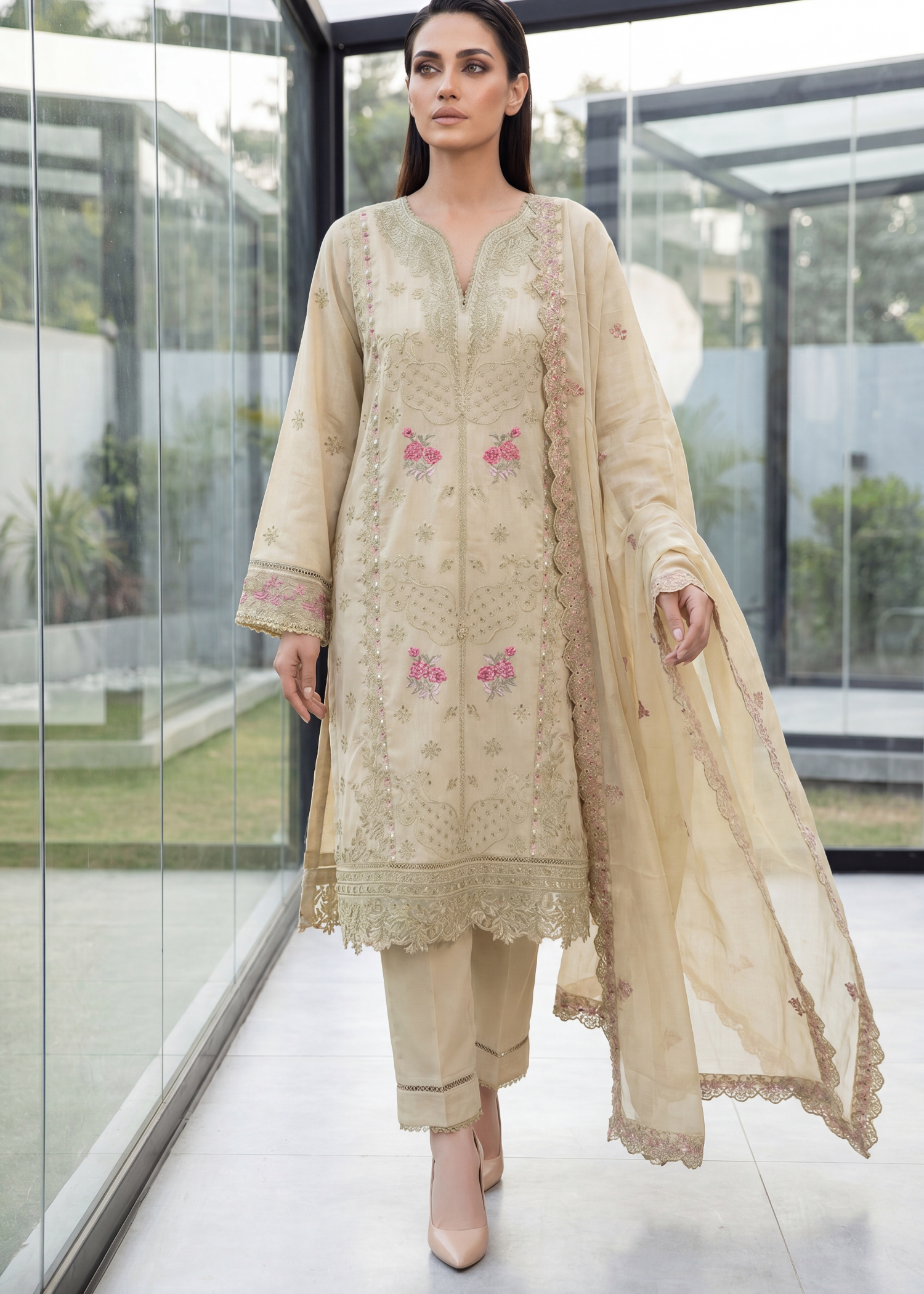 slub lawn Kurta Set in Tan brown