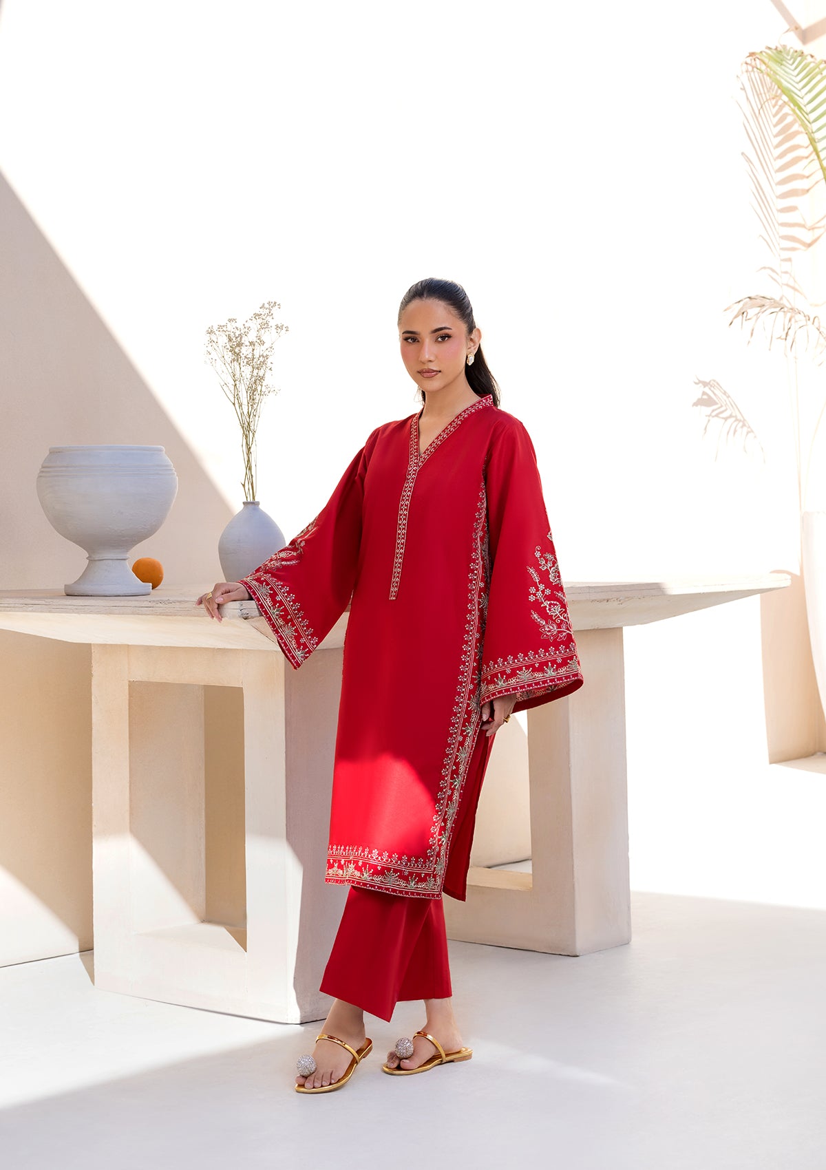cotton Kurta Set in Red