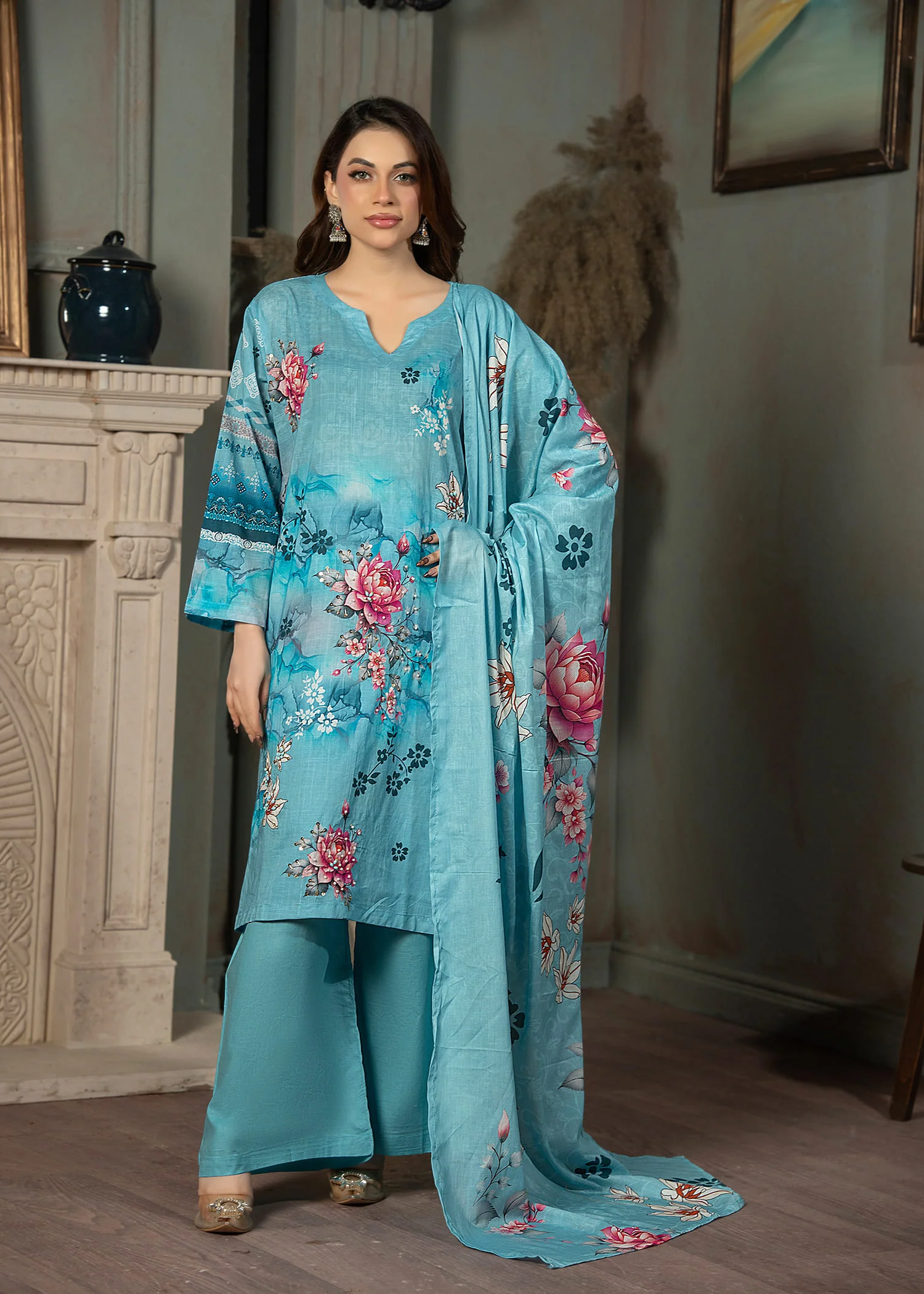 lawn Kurta Set in Dodger blue