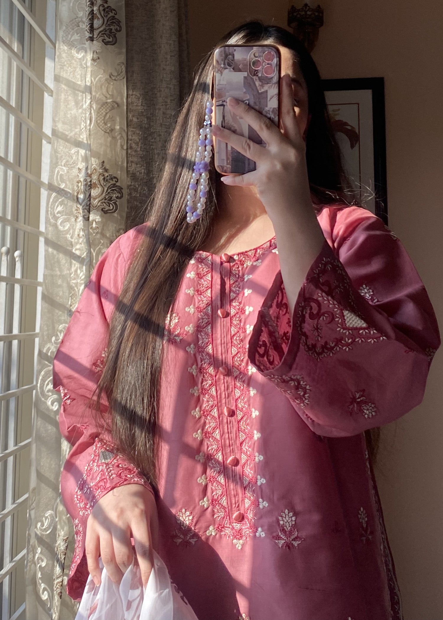 lawn Kurta Set in Tea rose pink