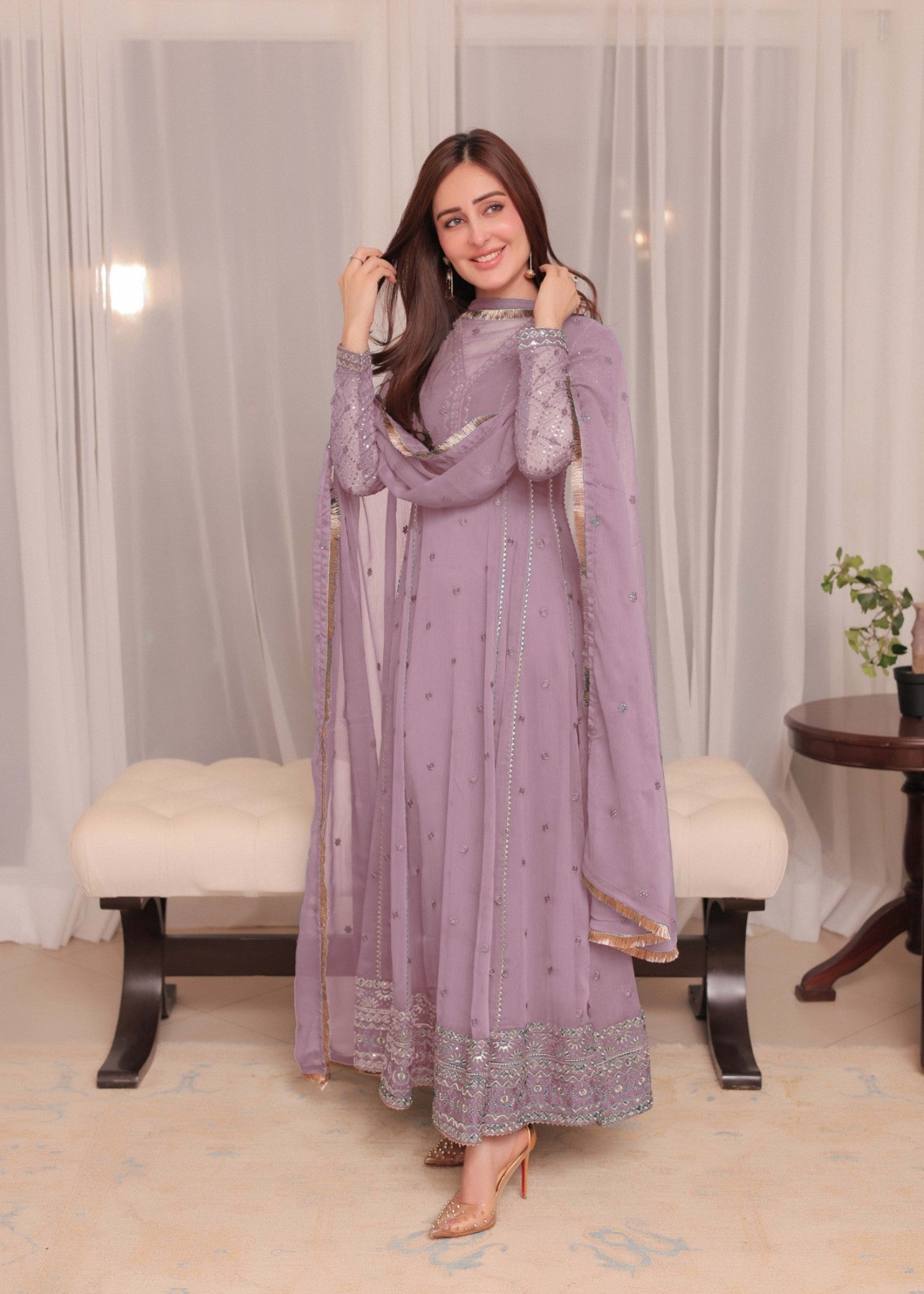 chiffon Anarkali in Mauve pink