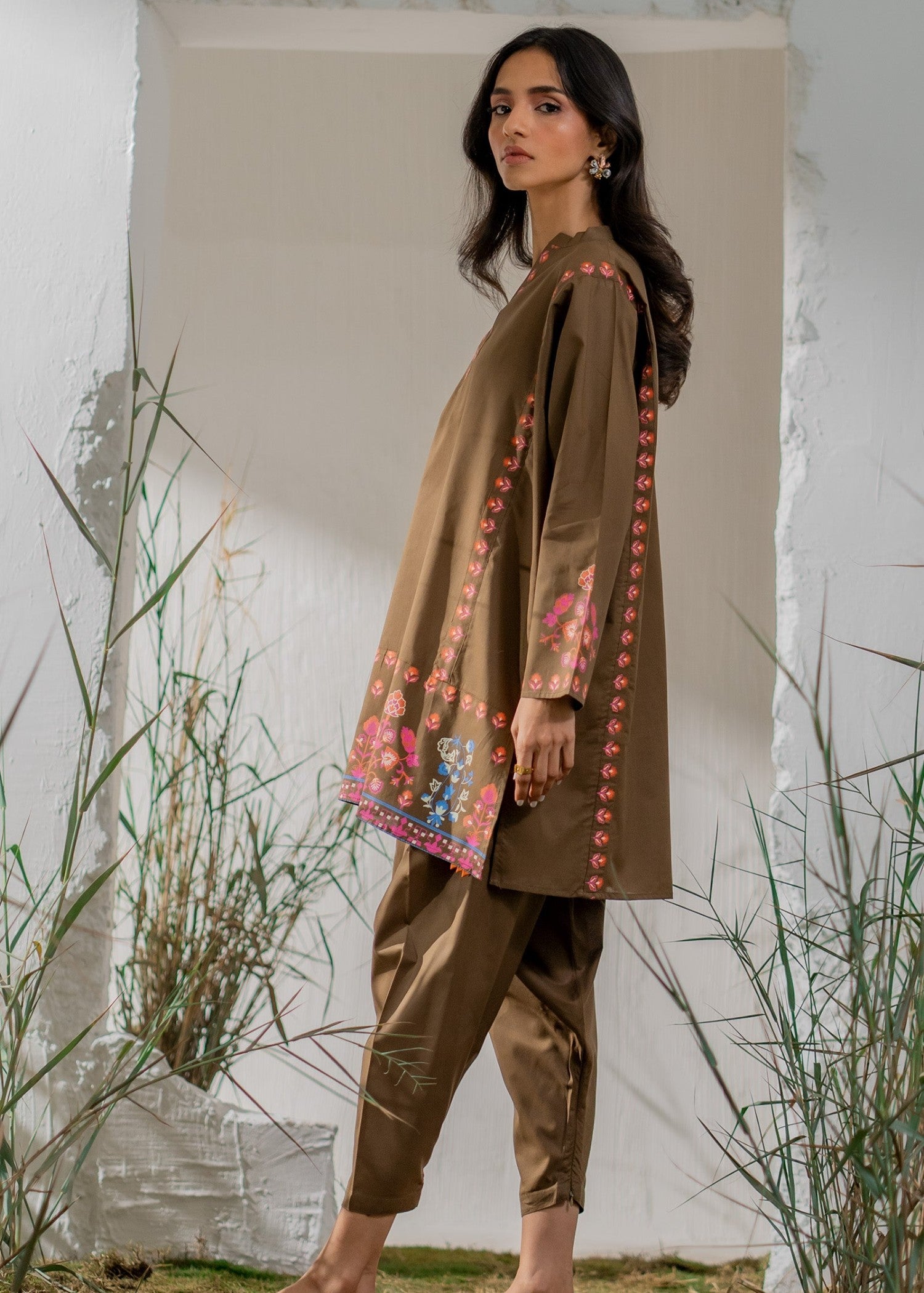 poly lawn Kurta Set in Coffee brown