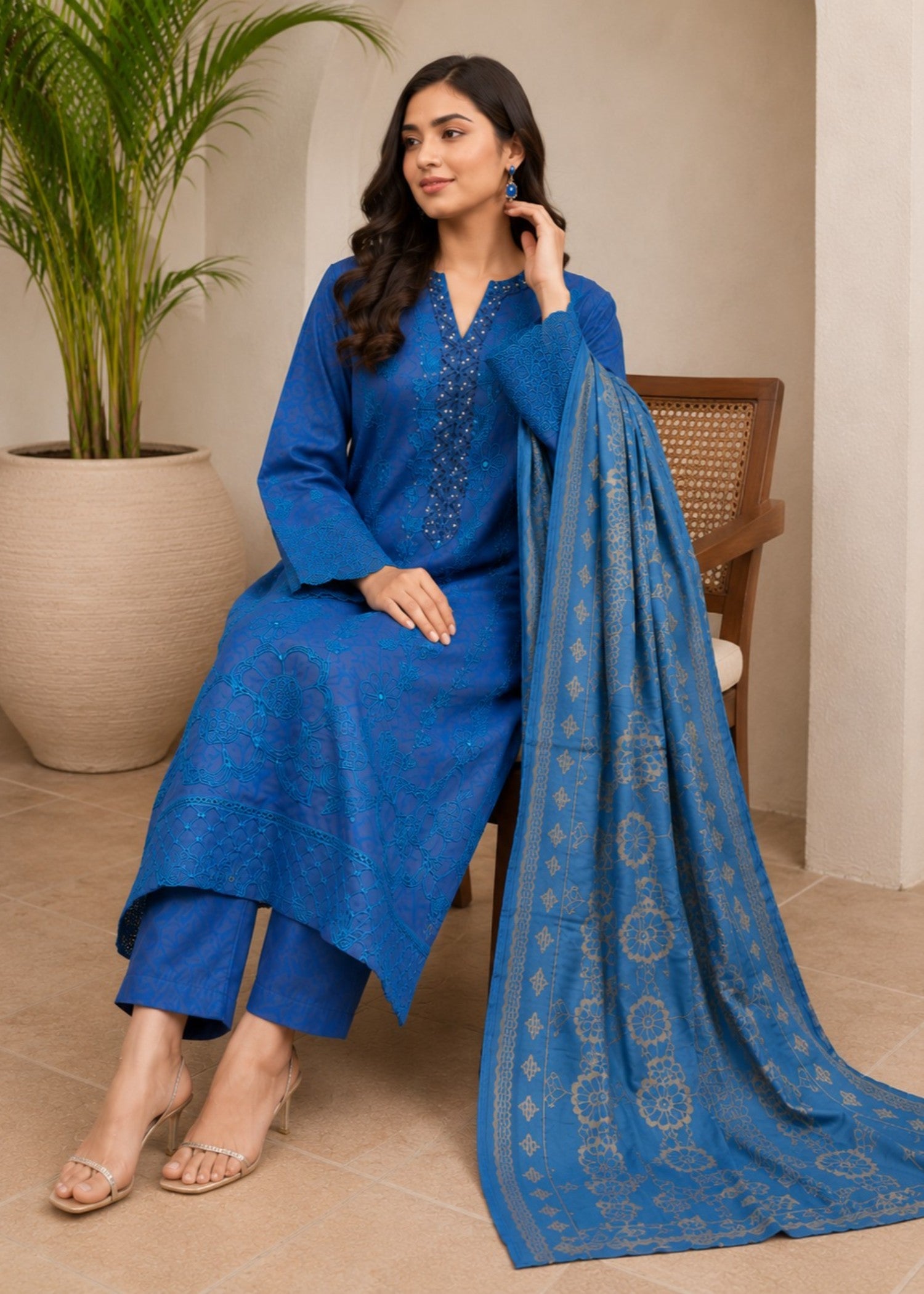 lawn cotton Kurta Set in Carolina blue