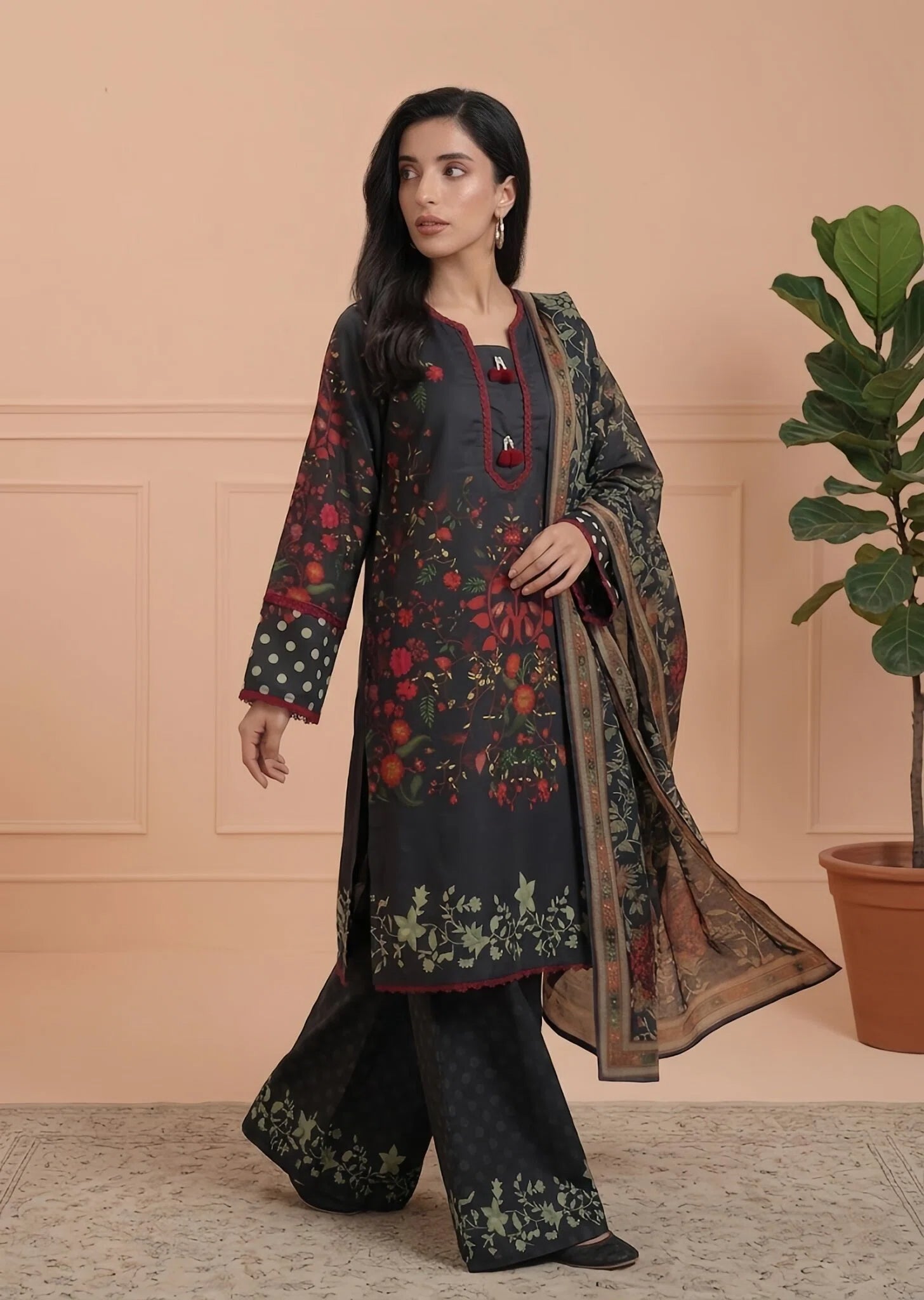 poly lawn Kurta Set in Black