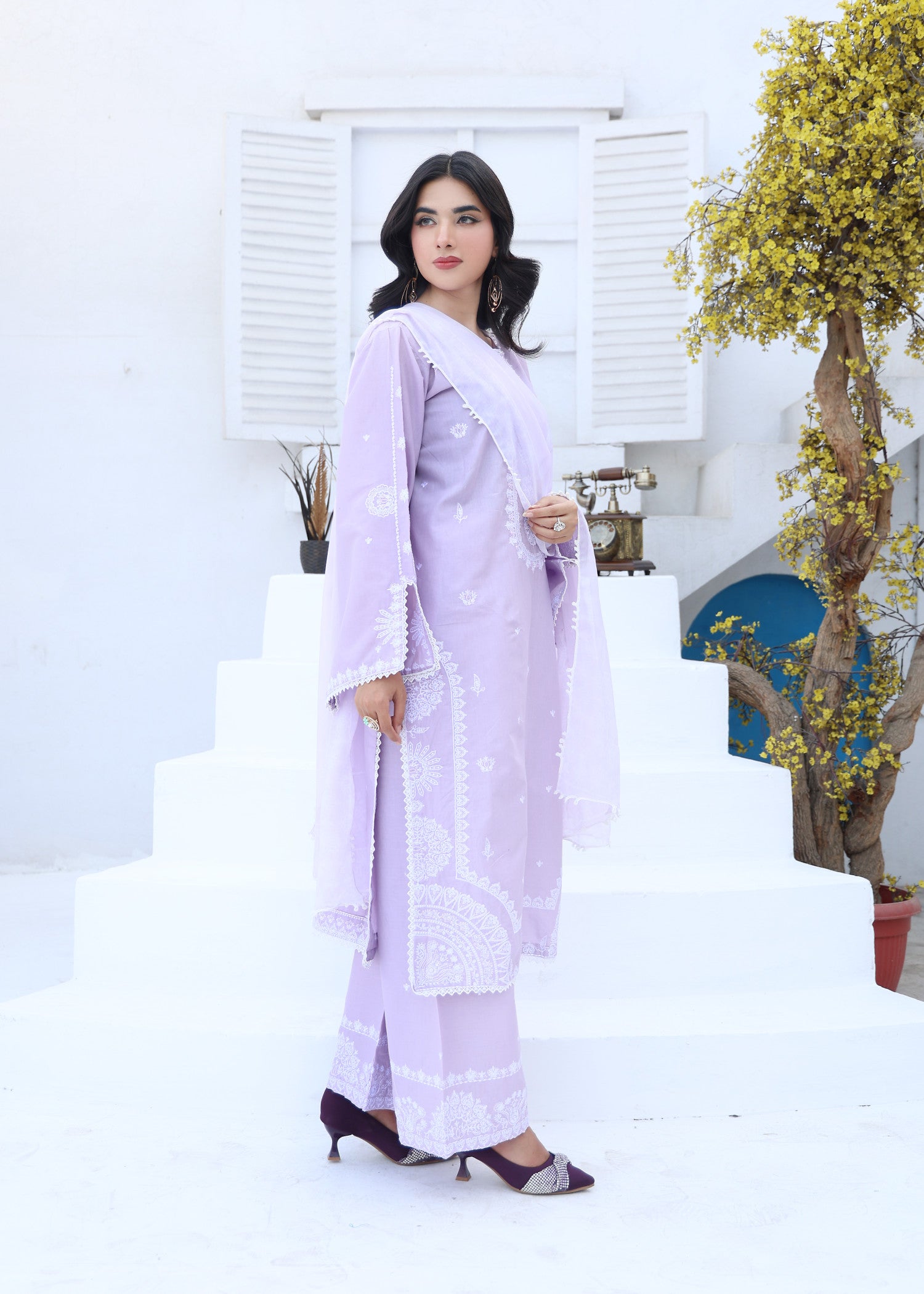 lawn cotton Kurta Set in Lavender