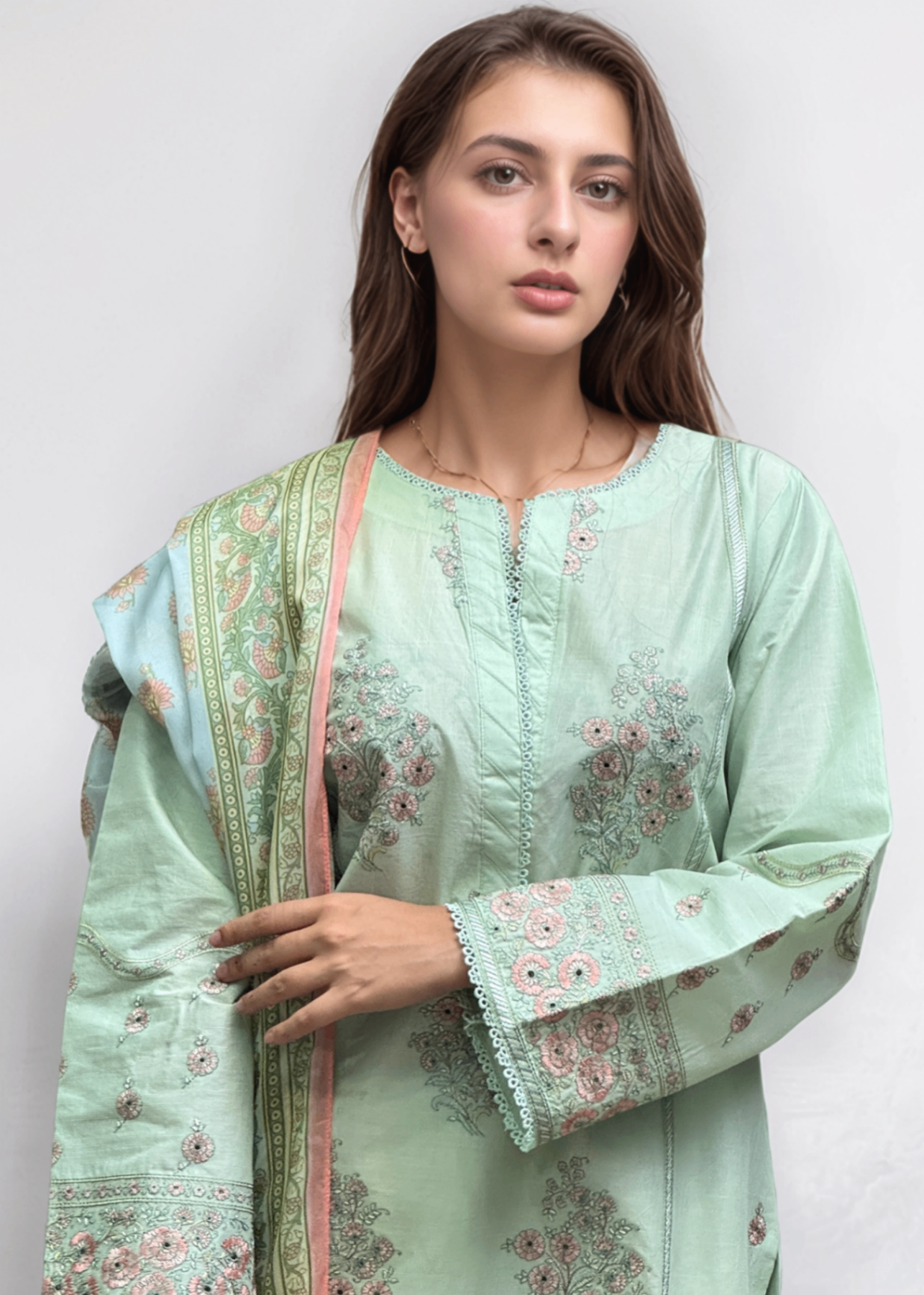 slub lawn Kurta Set in Pistachio green
