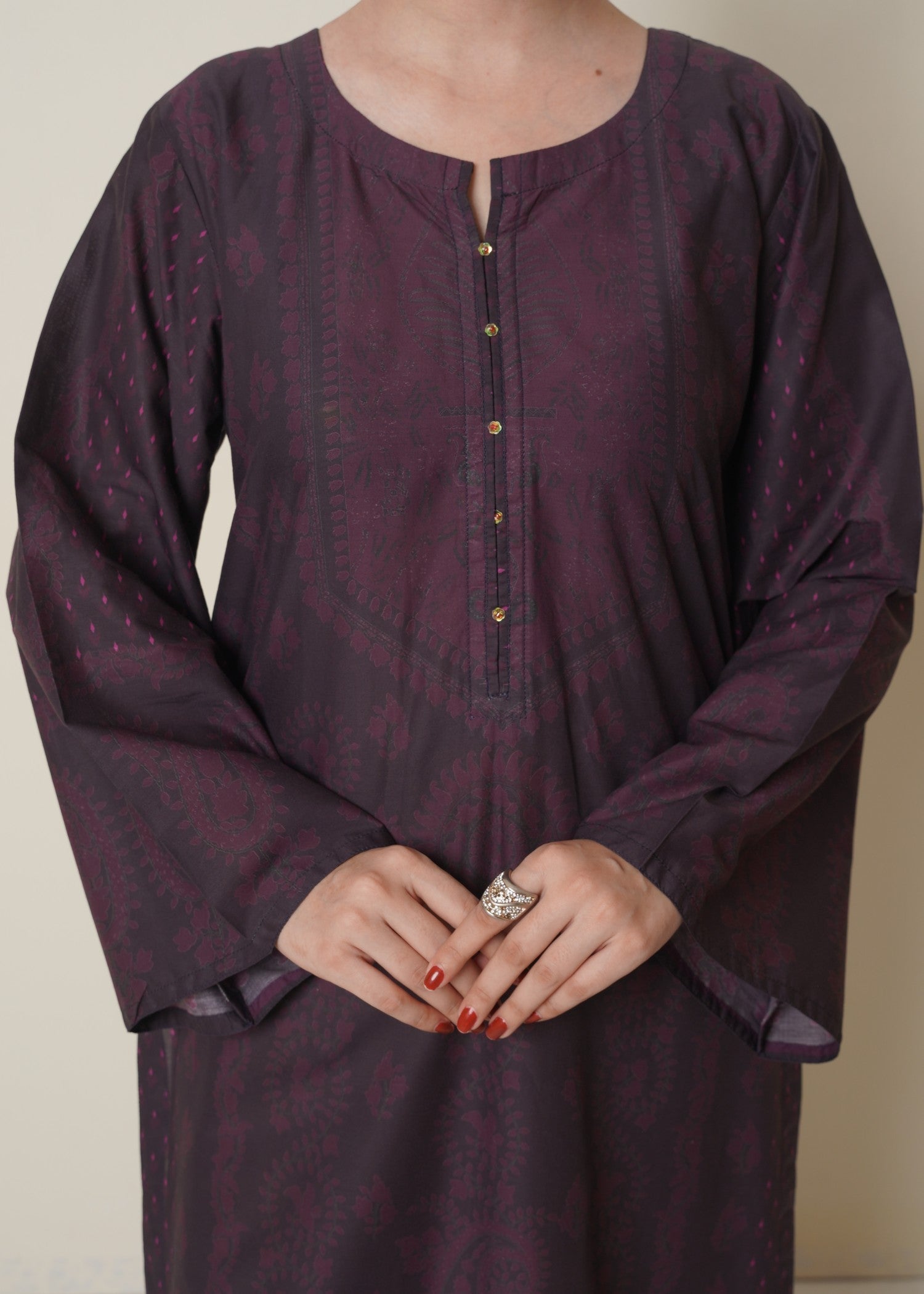 poly lawn Kurta Set in Plum purple