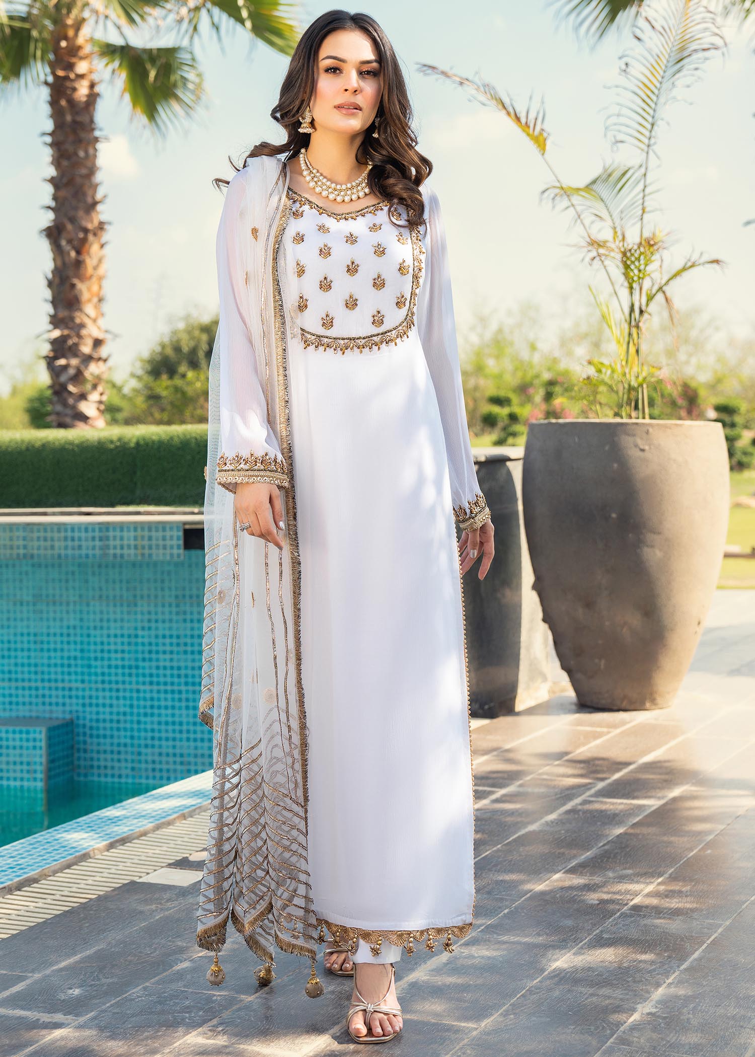 crinkle chiffon Kurta Set in White