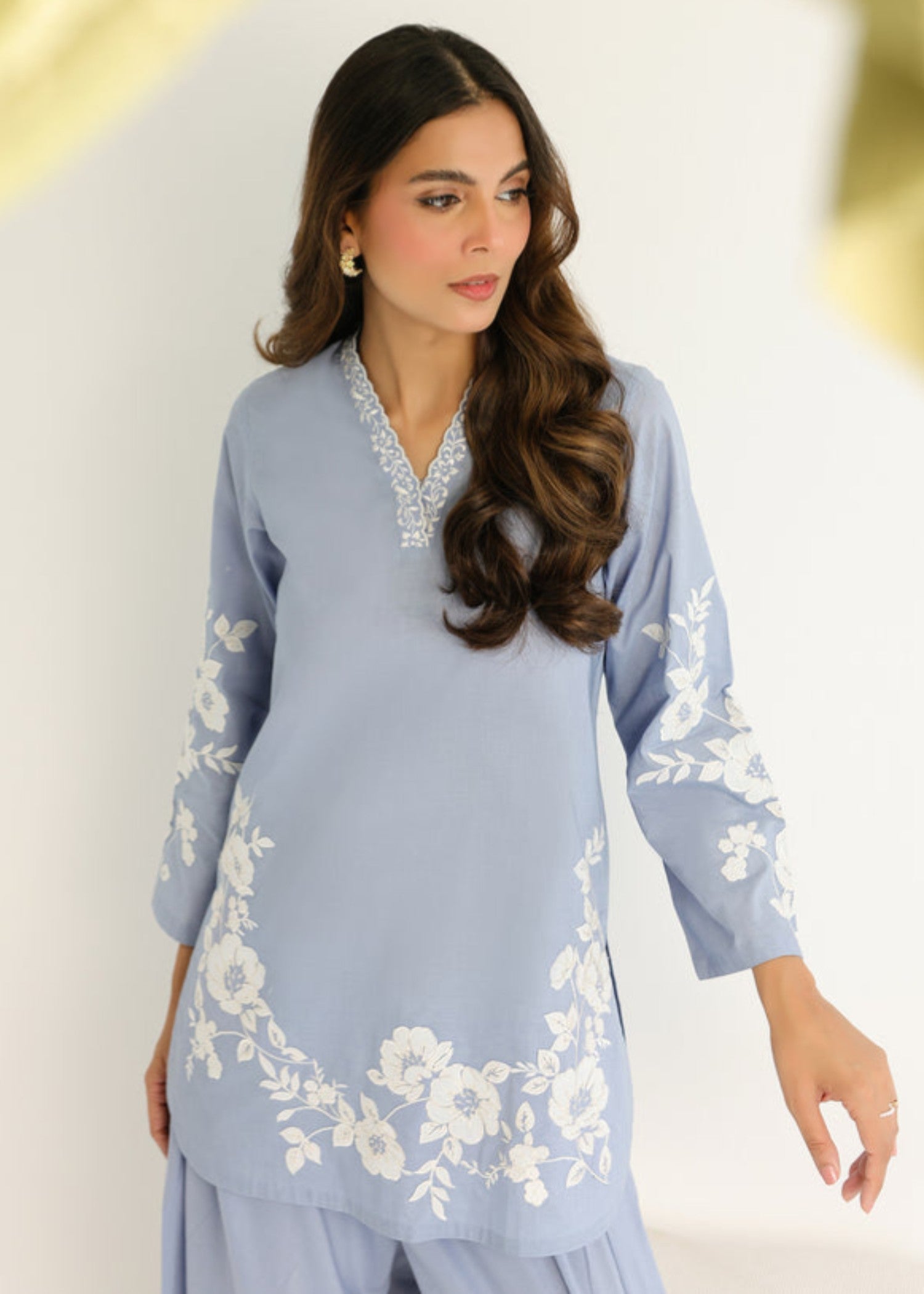 cambric Kurta Set in Light blue