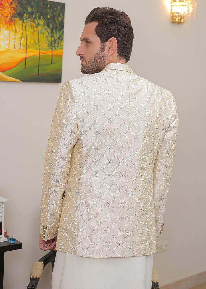 banarsi silk Prince Coat in Pearl white