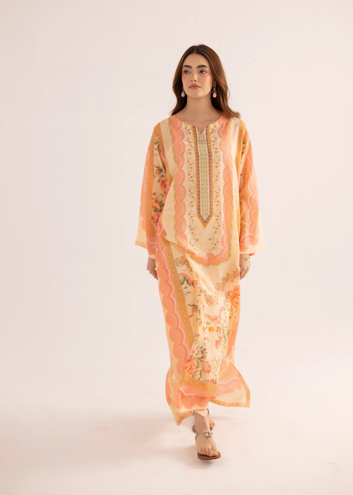 silk finish lawn Kaftan in Pink, peach orange