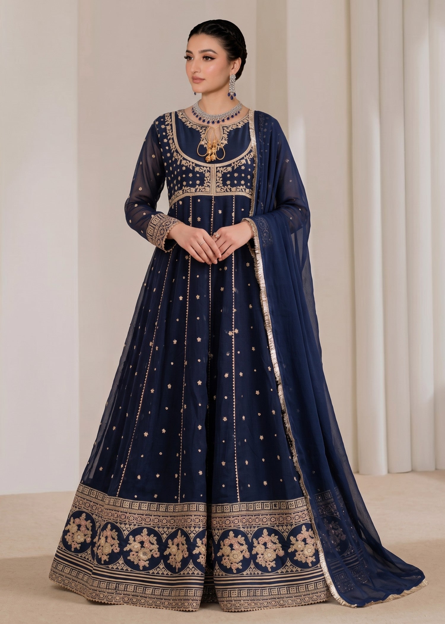chiffon Anarkali in Navy blue