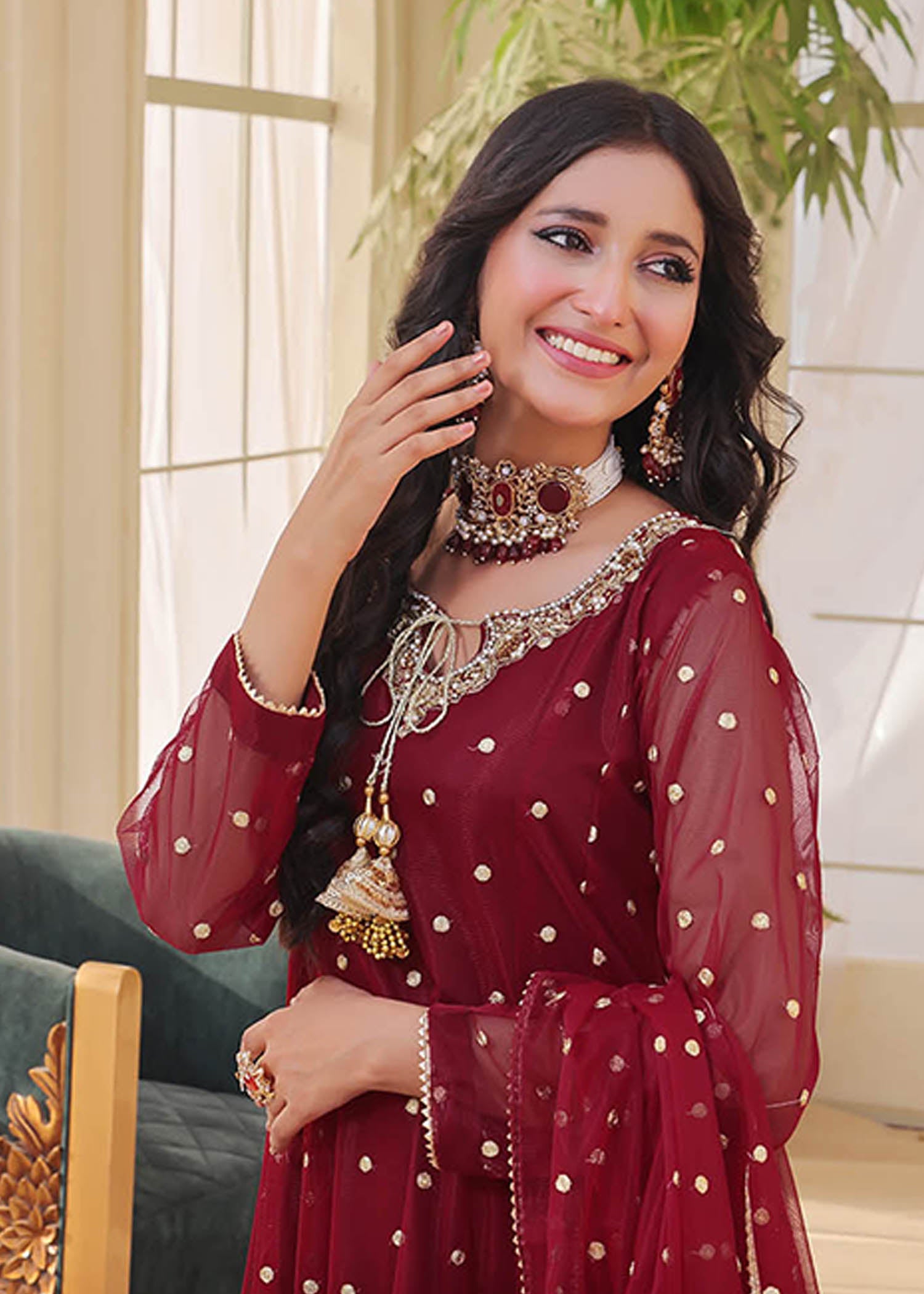 cotton net Anarkali in Maroon