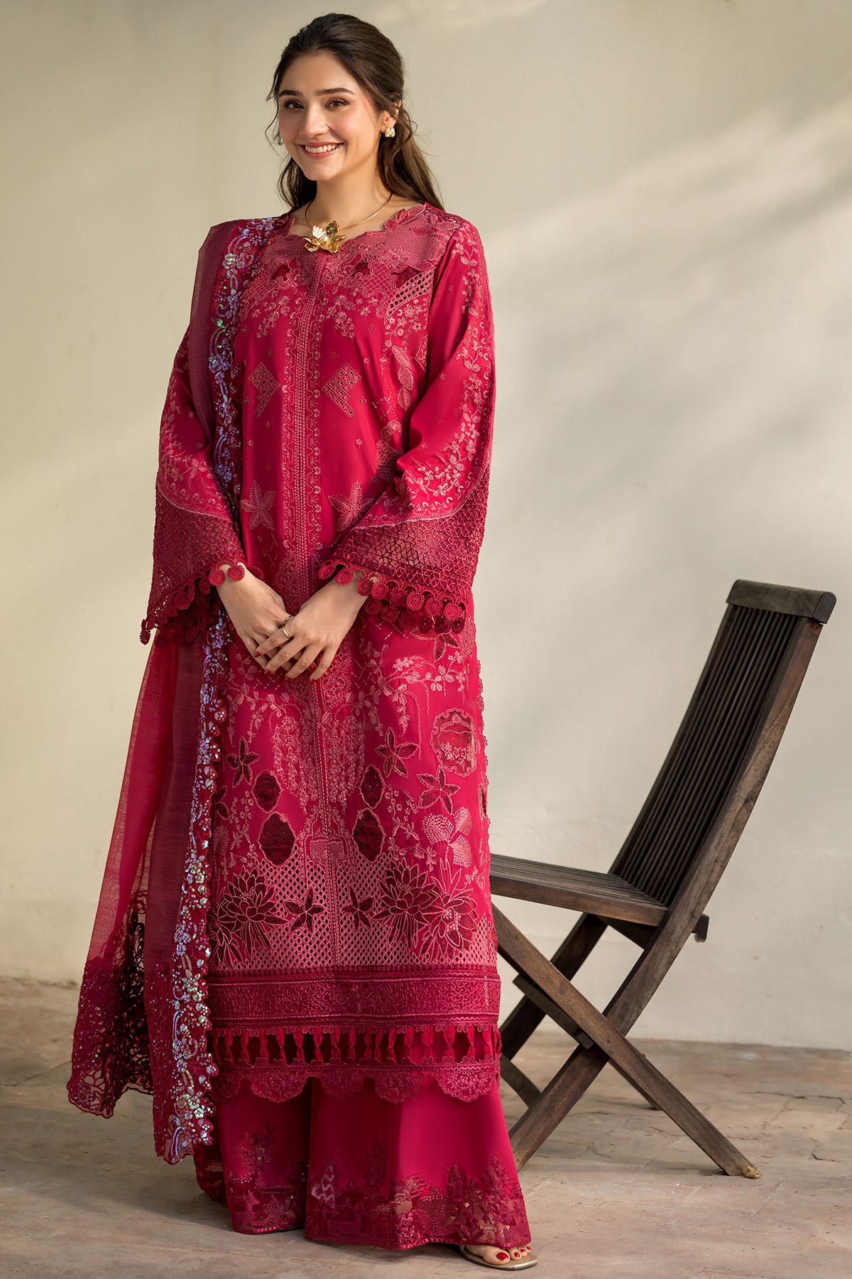 lawn Kurta Set in Hot pink