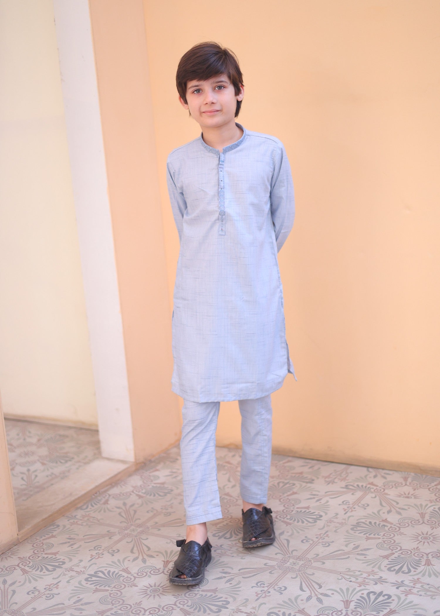 textured wash & wear Kurta Set in Ice blue