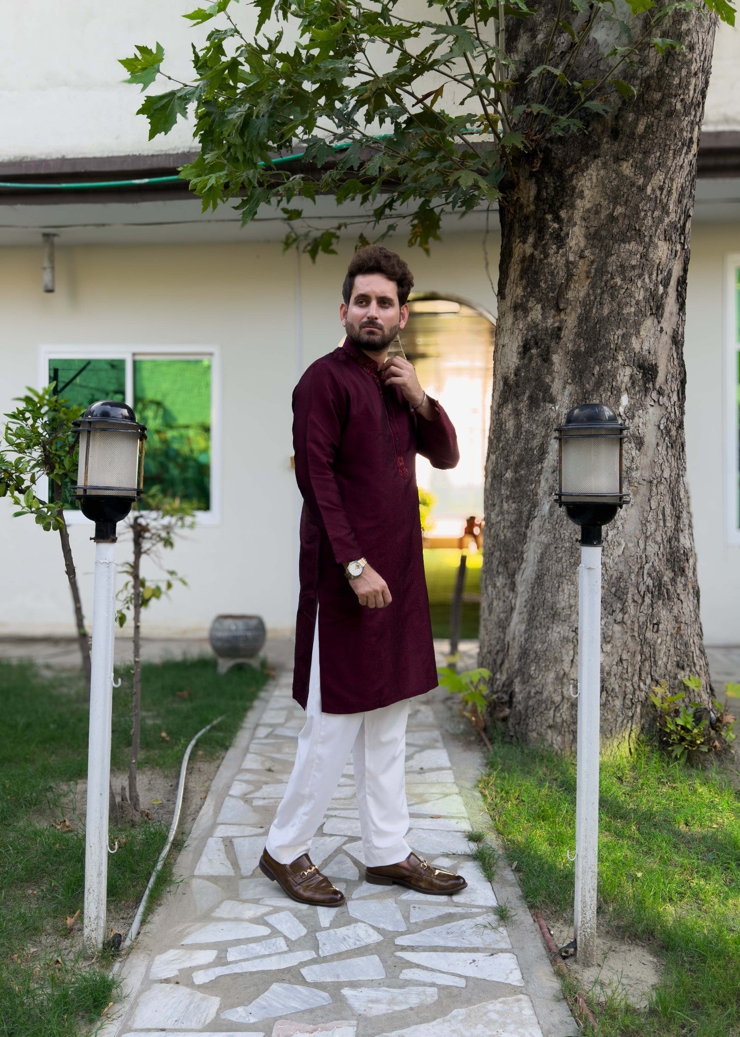 traditional jamawar Kurta in Maroon