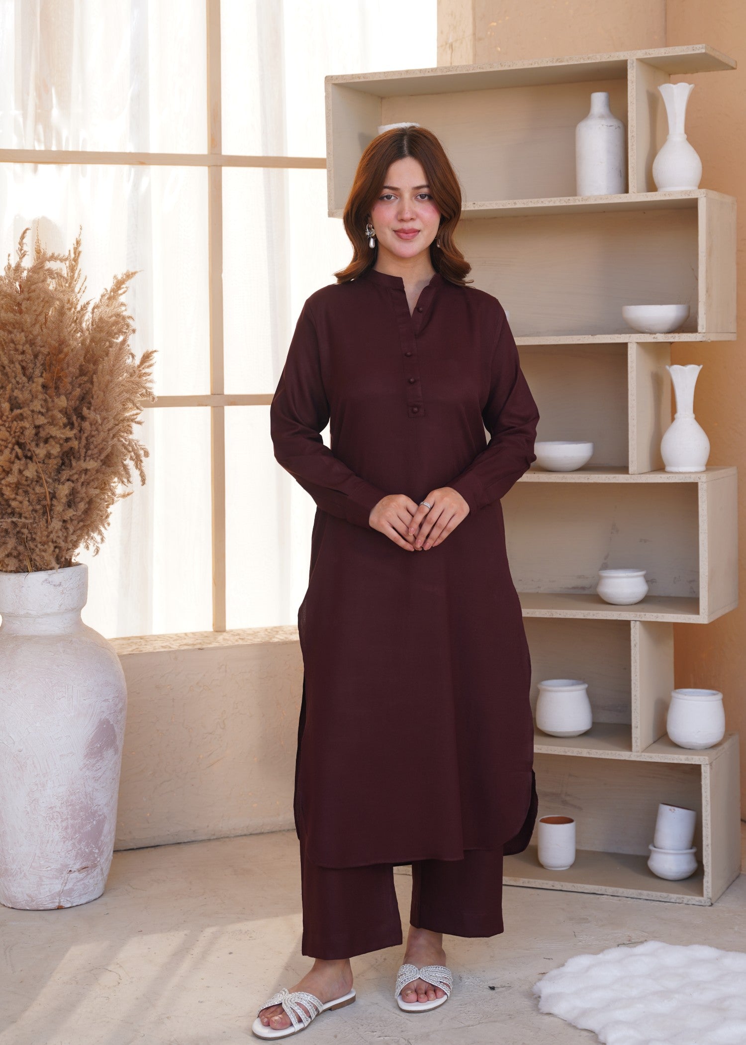 dhanak Kurta Set in Dark brown