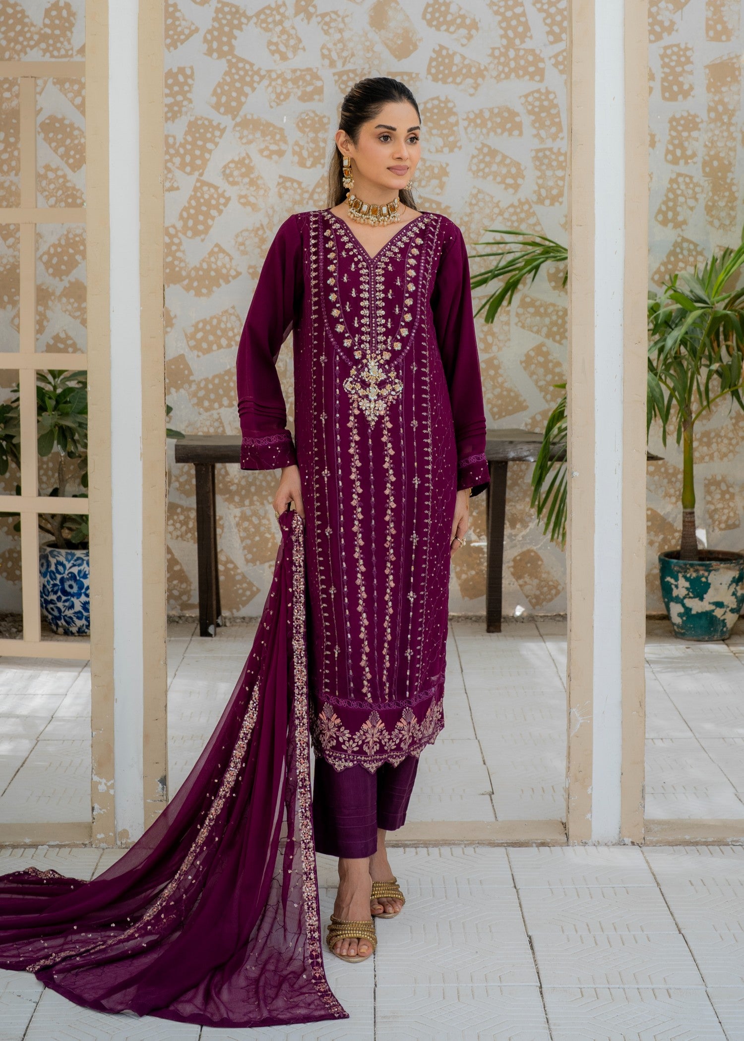chiffon Kurta Set in Deep purple