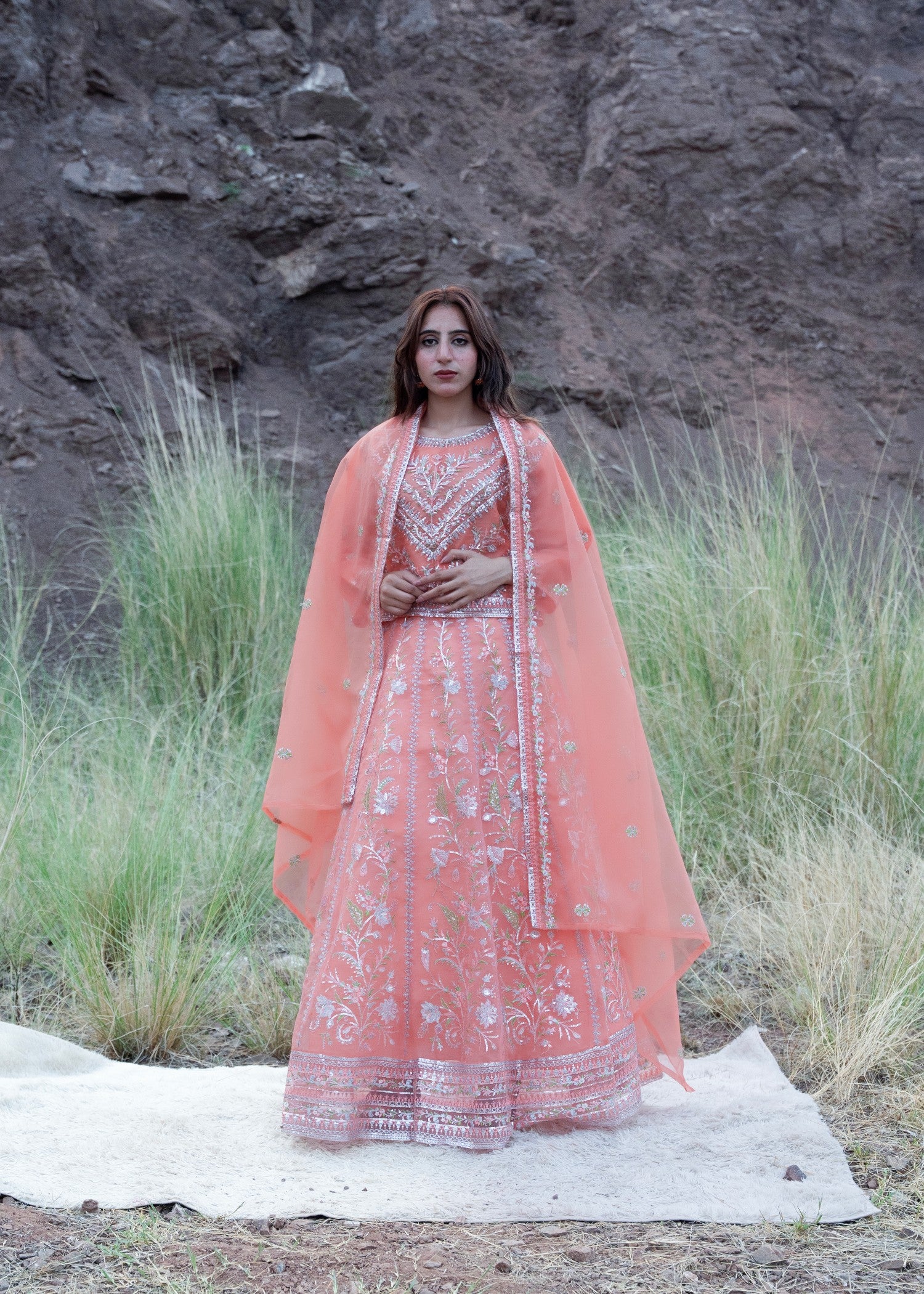 organza Lehenga in Peach orange
