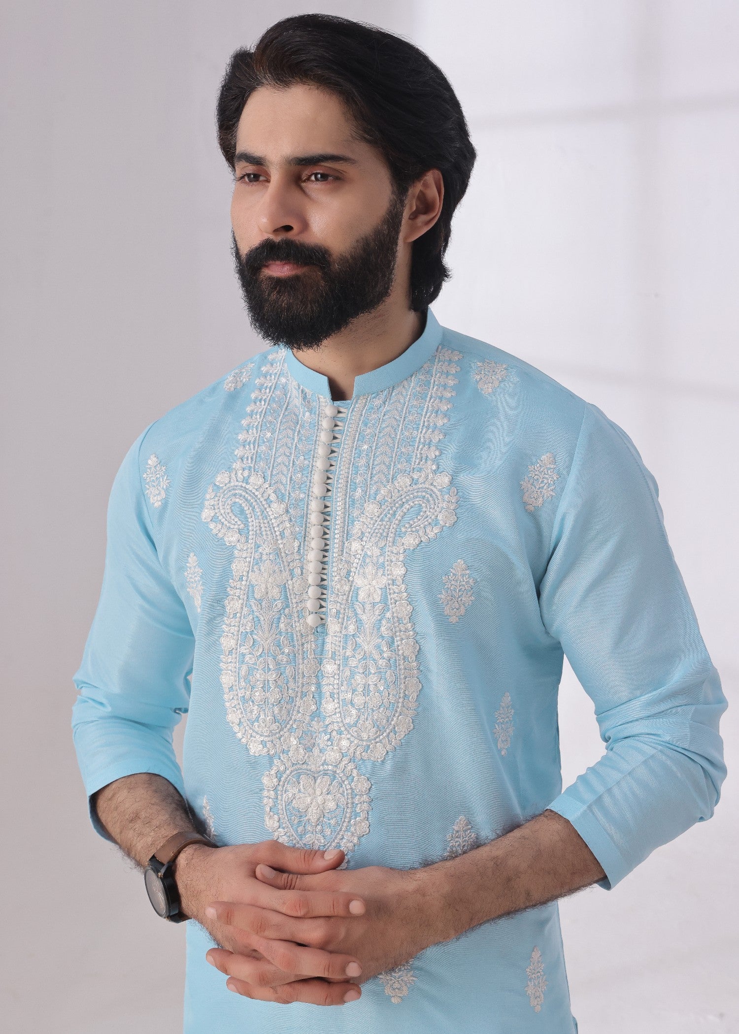 raw silk Kurta in Sky blue